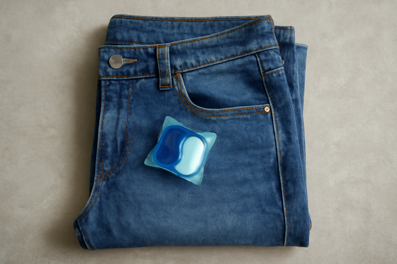 jean posé prêt au lavage avec sachet lavage