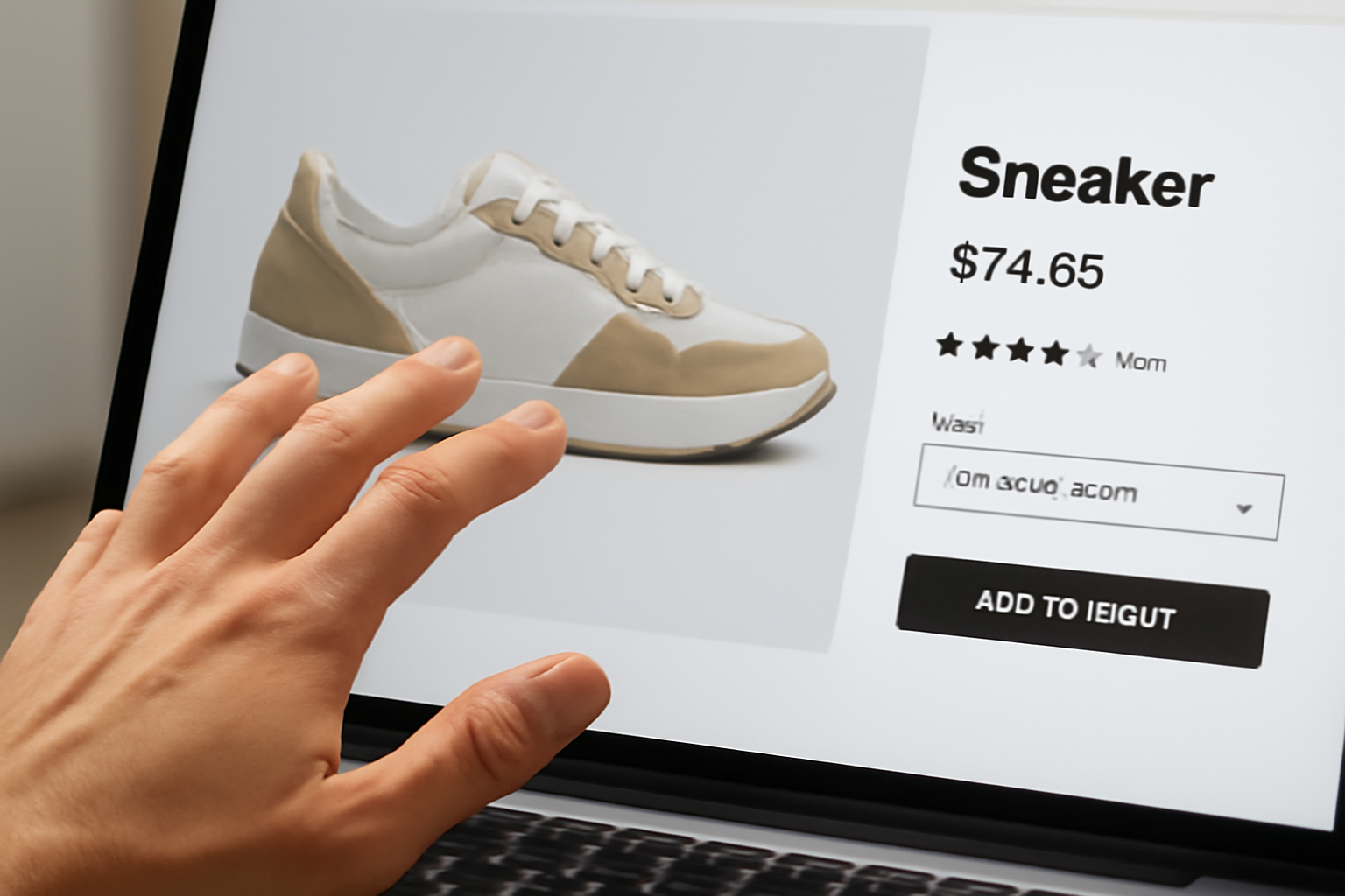 tendancemagasin-eviter-achats-impulsifs-en-ligne main hésitante devant page produit écran