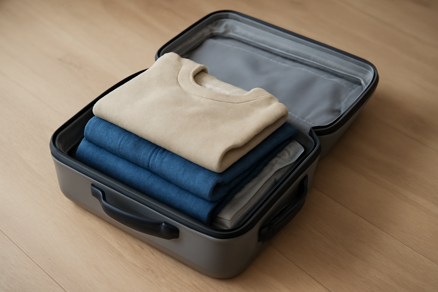 tendancemagasin-format-valise-weekend-minimal valise compacte ouverte avec tenues pliées