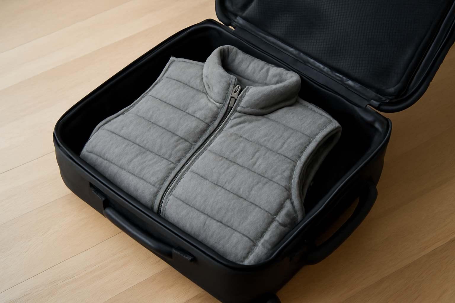 tendancemagasin-gilet-weekend-cabine gilet plié dans une valise cabine