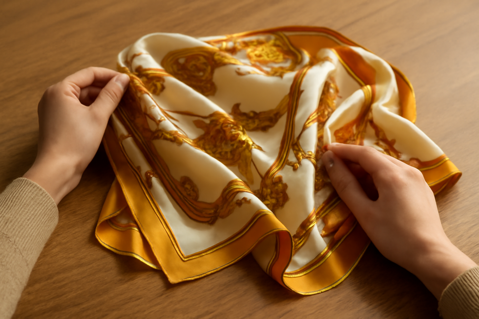 tendancemagasin-hermes-investissement-accessoire mains tenant foulard soie sur table