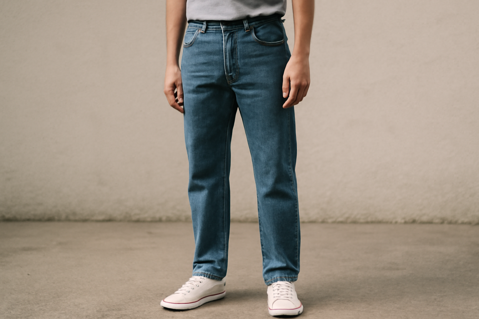 tendancemagasin-jean-droit-ou-tapered personne debout portant jean droit et sneakers