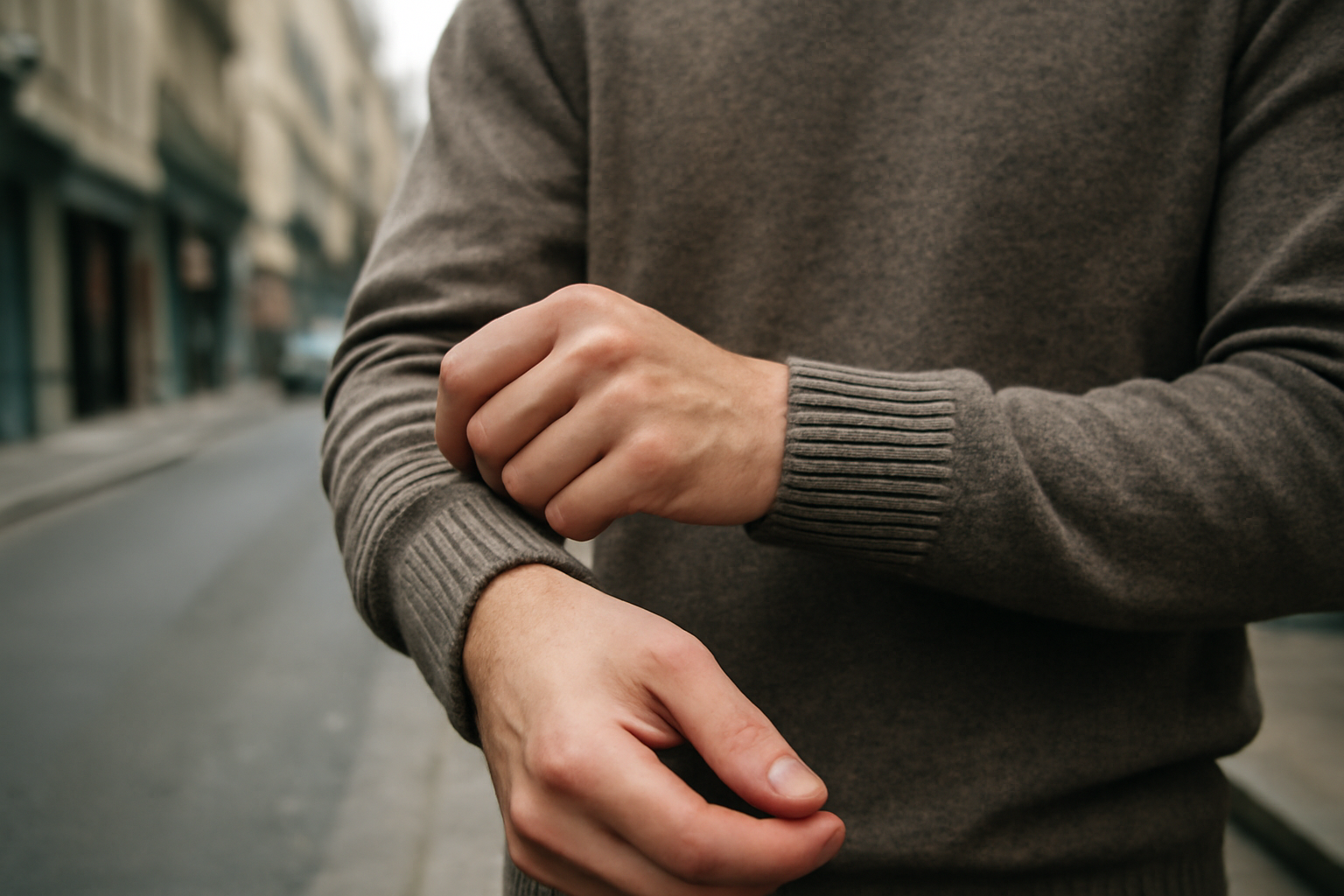 mains ajustant manche de pull en ville