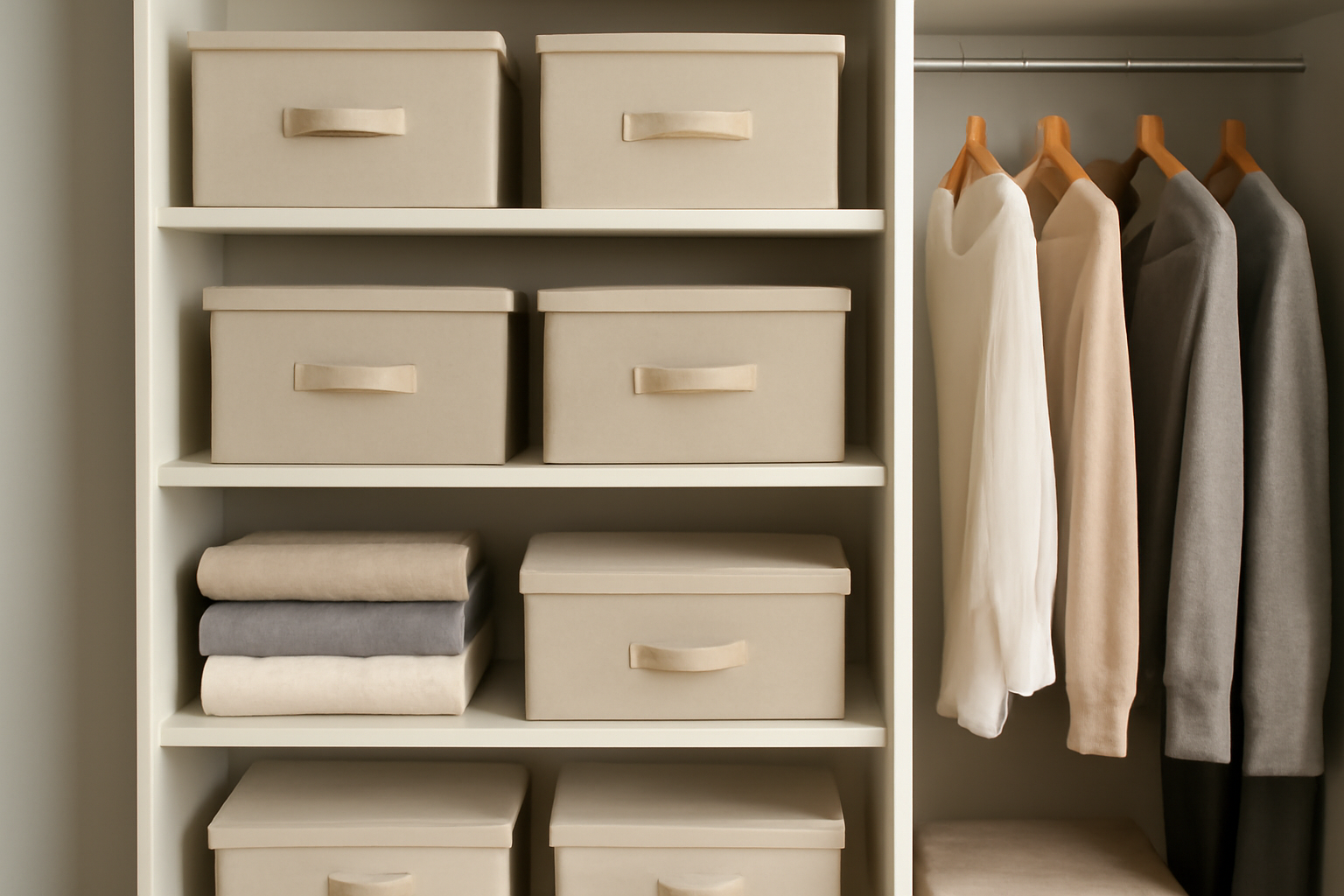 étagères de dressing bien rangées avec boîtes