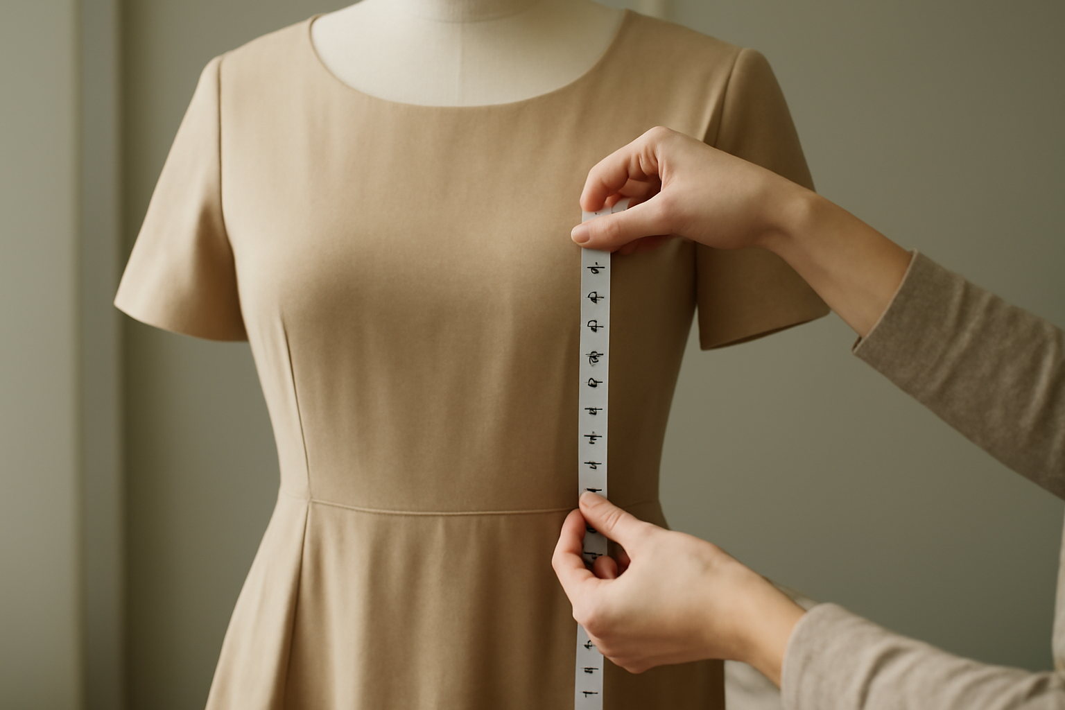 main mesurant longueur d'une robe sur mannequin
