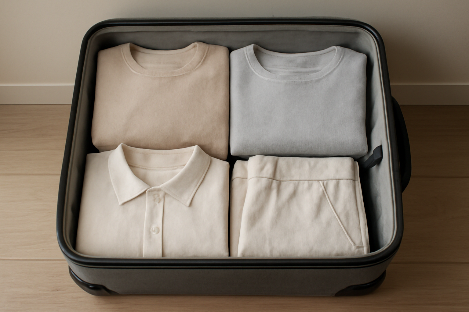 tendancemagasin-pieces-mini-dressing-vacances valise ouverte vêtements pliés neutres