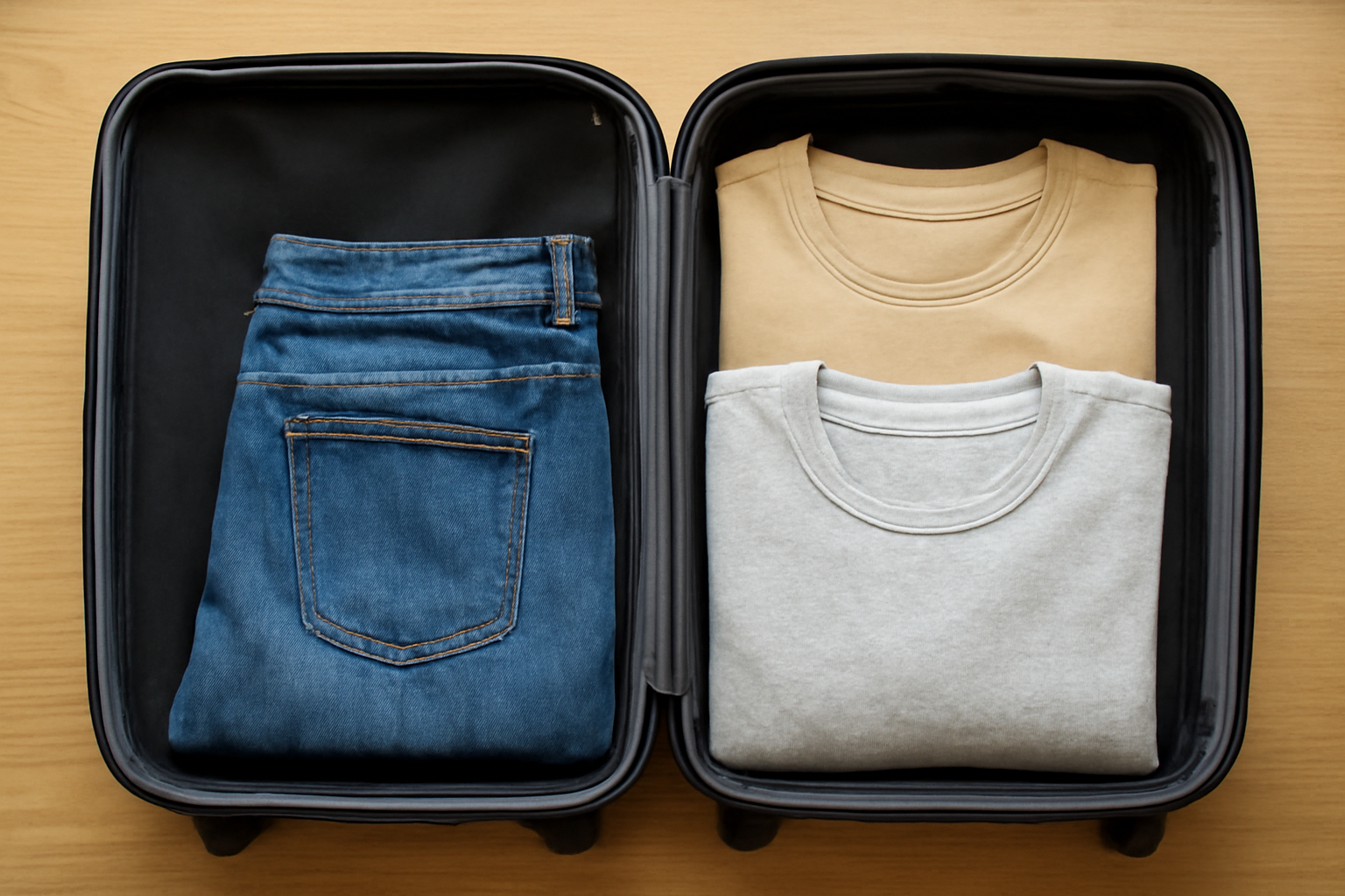 tendancemagasin-pieces-weekend-minimal-ville valise ouverte avec trois tenues pliées