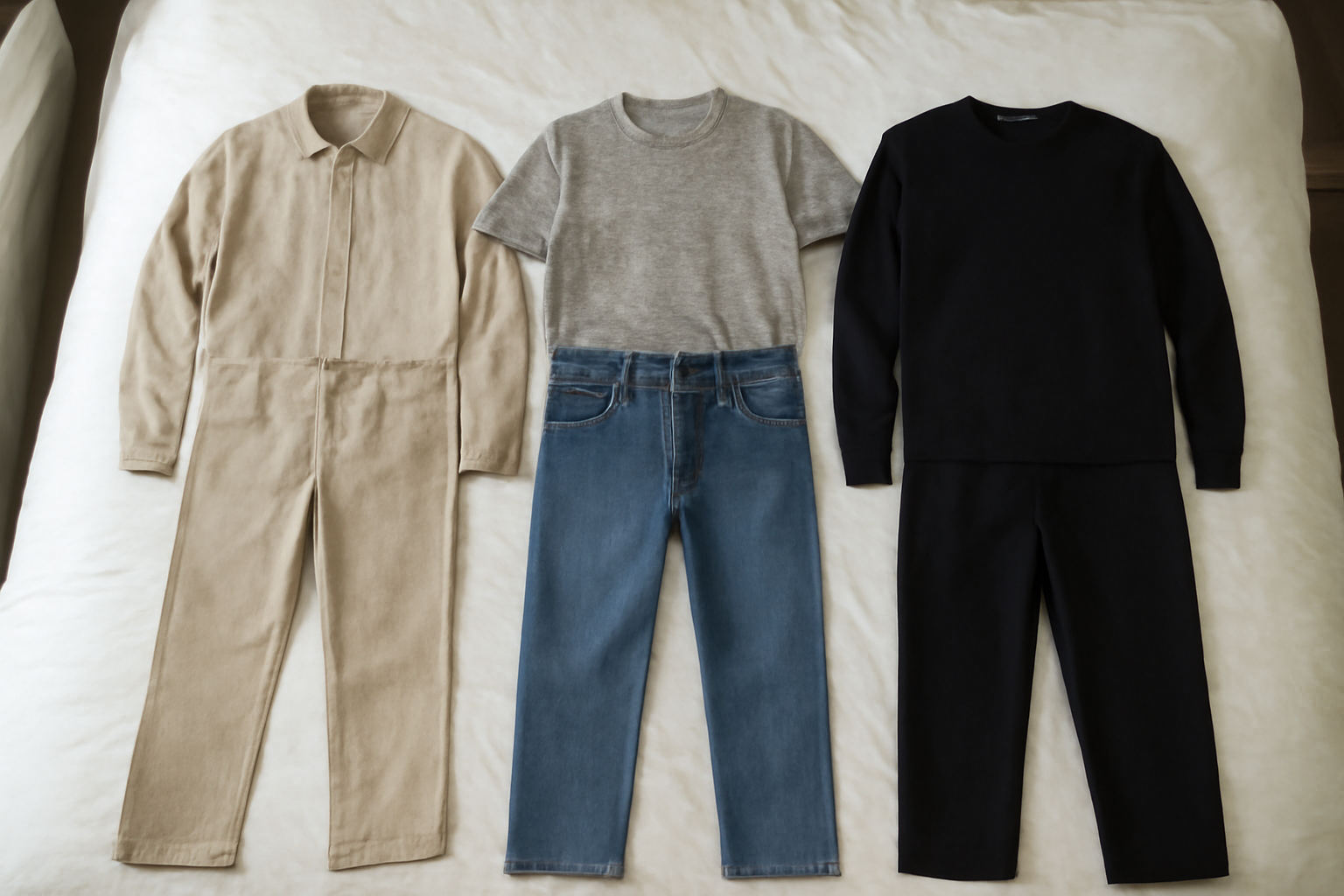 tendancemagasin-preparer-trois-tenues-veille trois tenues alignées sur lit prêt
