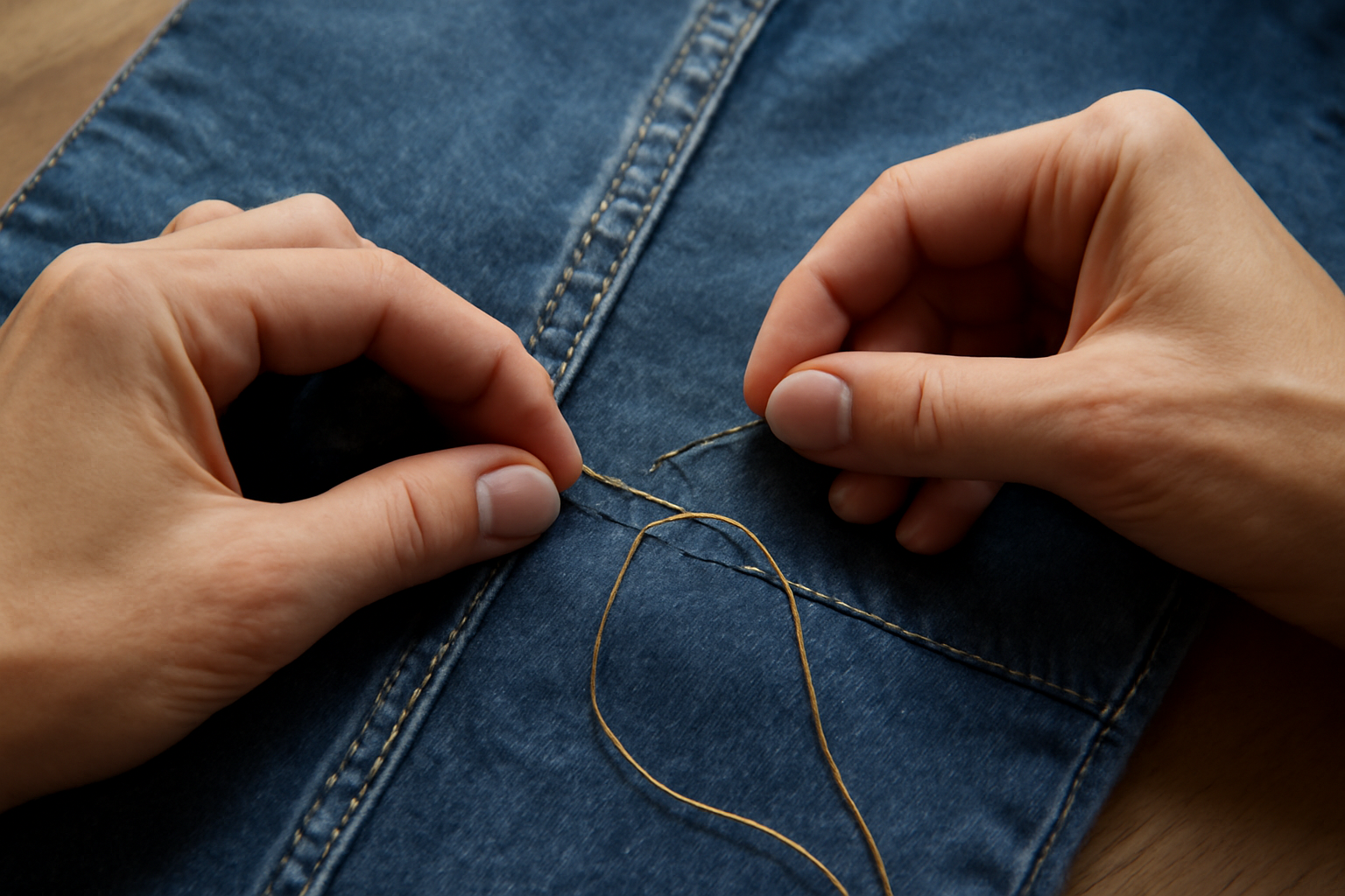 tendancemagasin-reparer-couture-jean-sans-outils mains cousant une couture sur un jean posé