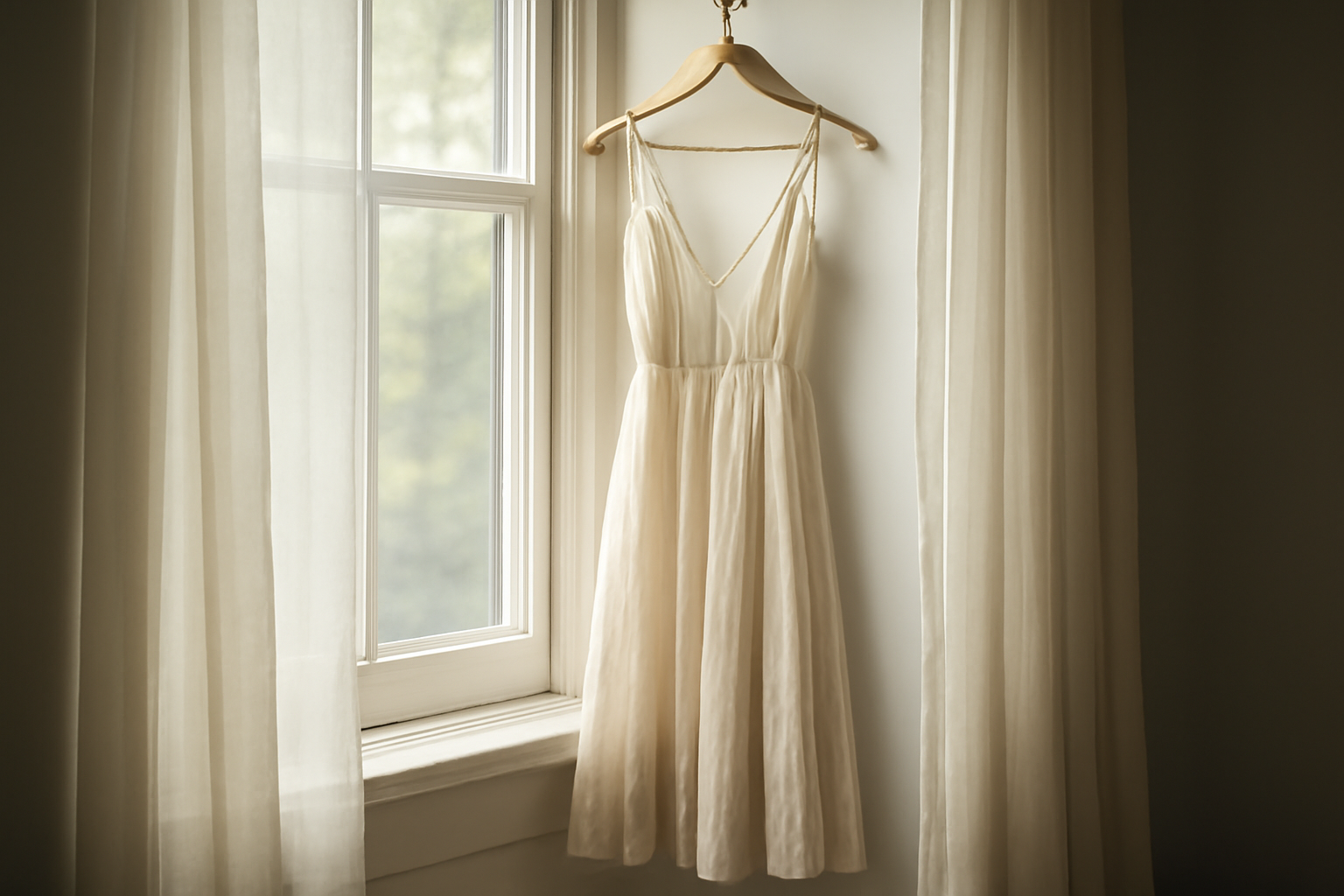 tendancemagasin-robe-ceremonie-jour robe légère posée près d'une fenêtre lumineuse