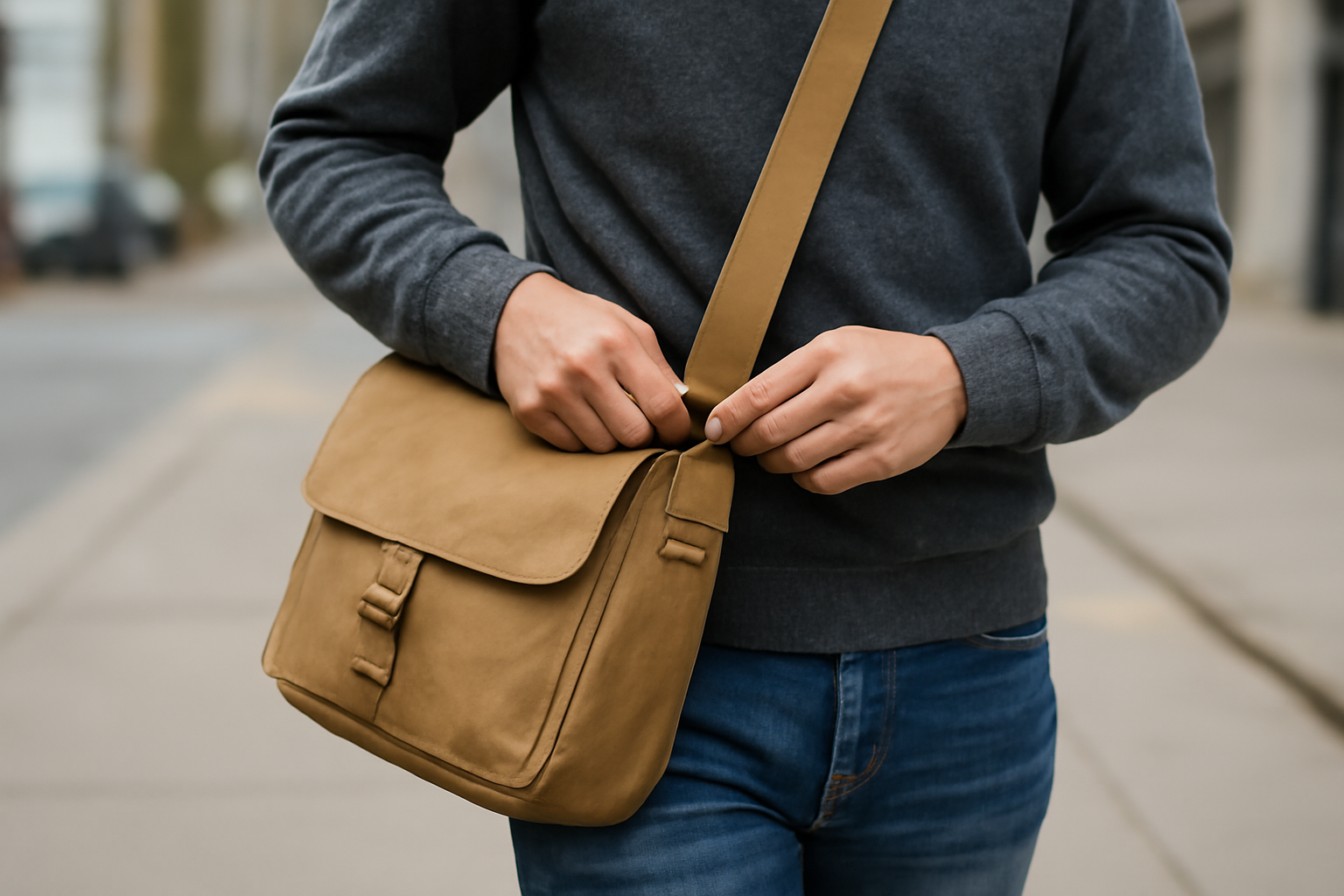 tendancemagasin-sac-croise-tourne-sur-le-cote personne ajustant sac bandoulière en marchant