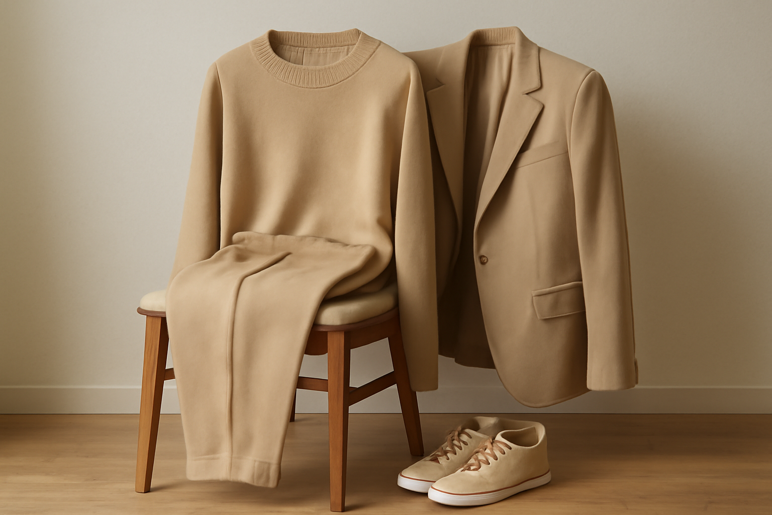 vêtements tons beige posés sur chaise