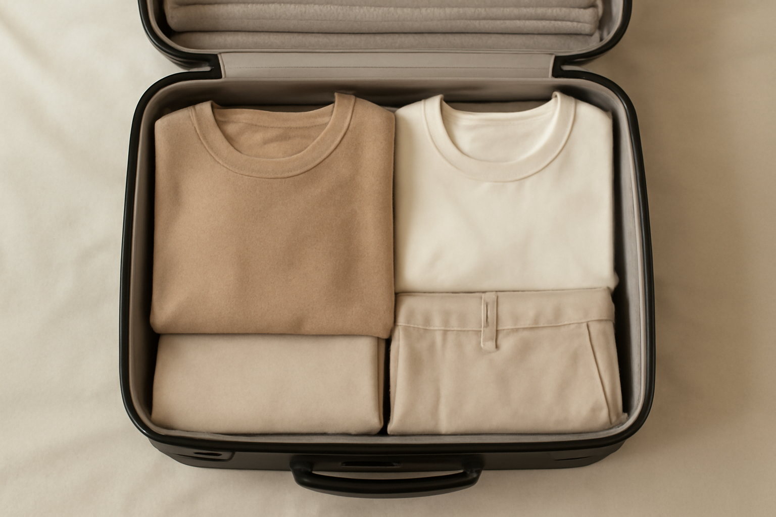 valise ouverte avec trois tenues neutres