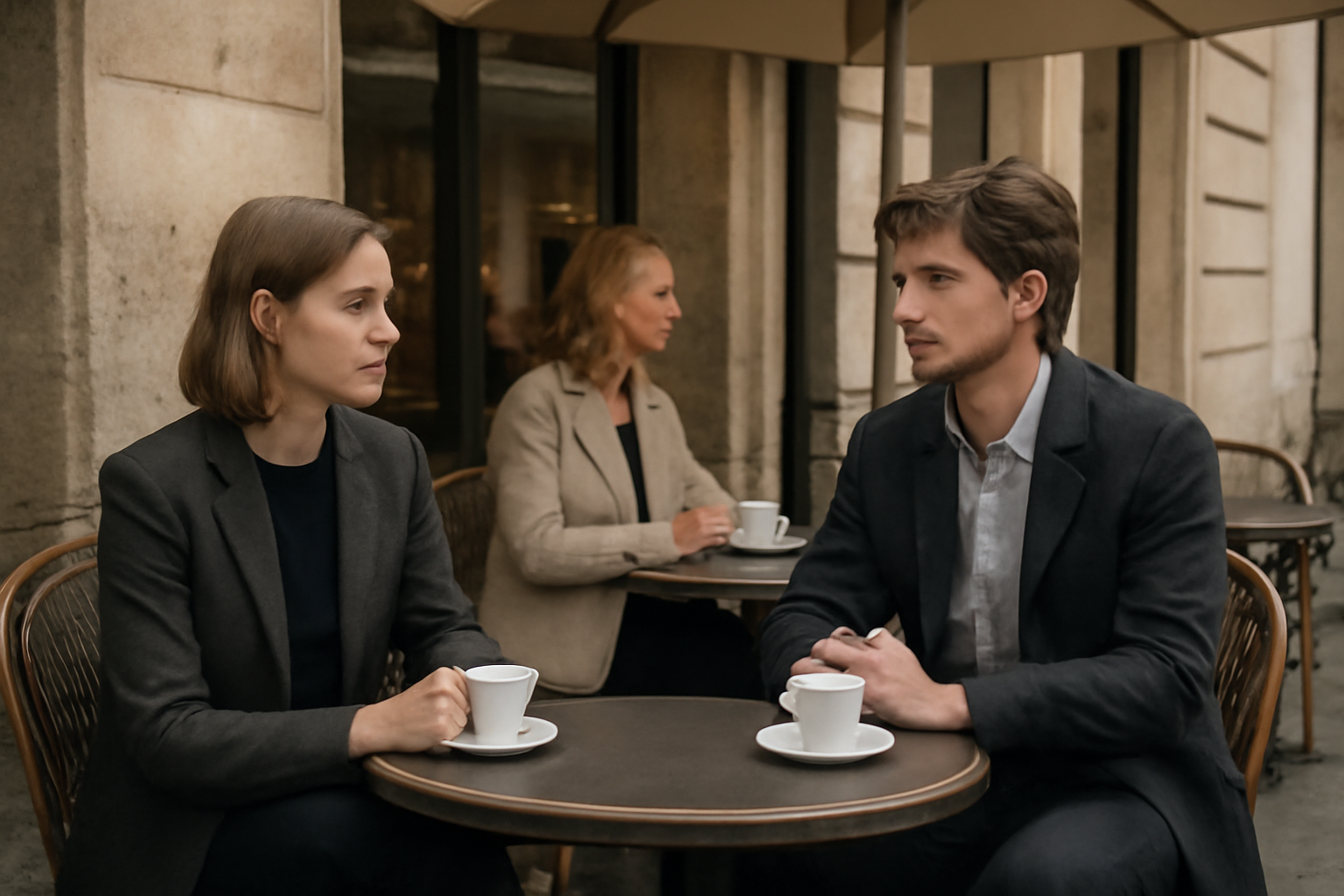 tendancemagasin-tenues-minimalistes-apero personnes assises en terrasse en tenue sobre
