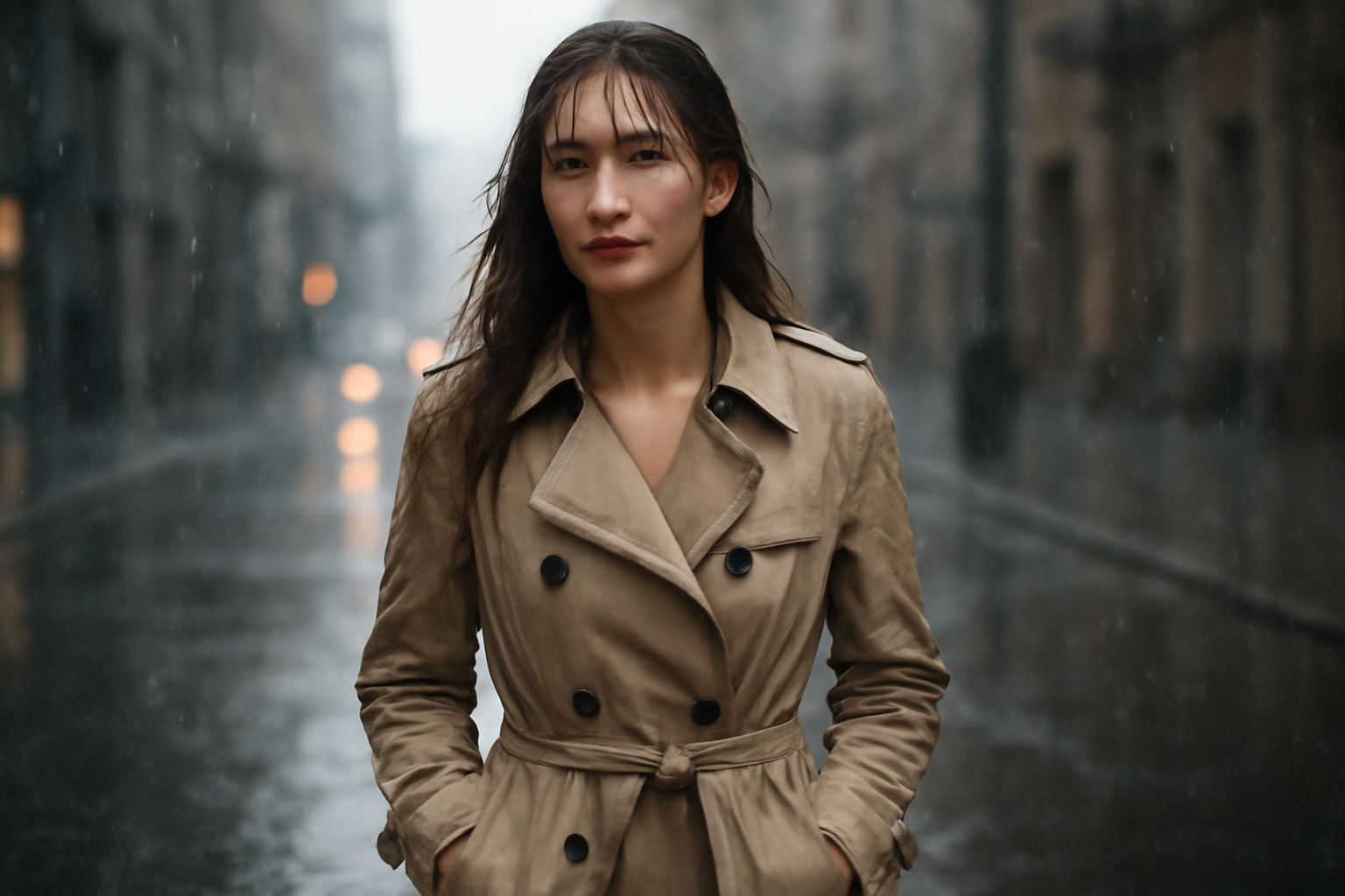tendancemagasin-trench-averses-urbaines femme portant trench sous pluie légère en ville