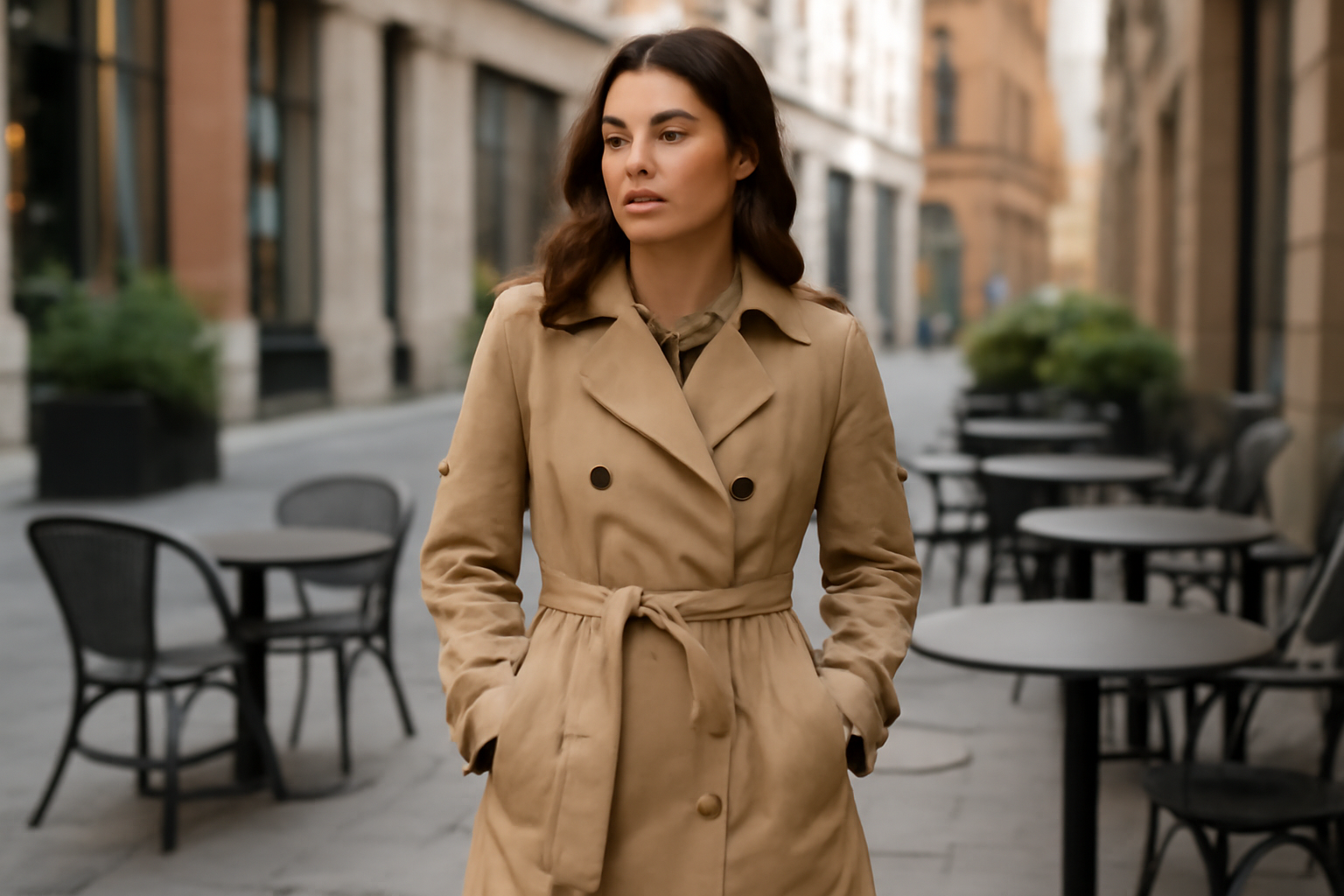 tendancemagasin-trench-ou-veste-legere femme portant trench en terrasse urbaine