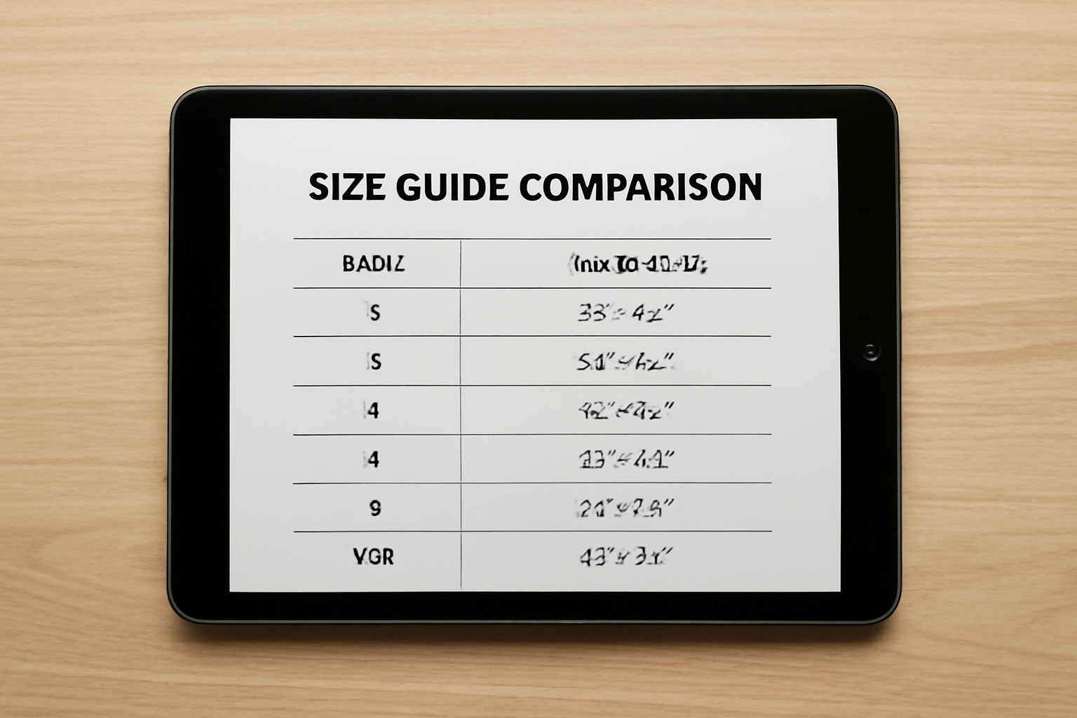 tablette affichant guides de tailles comparés