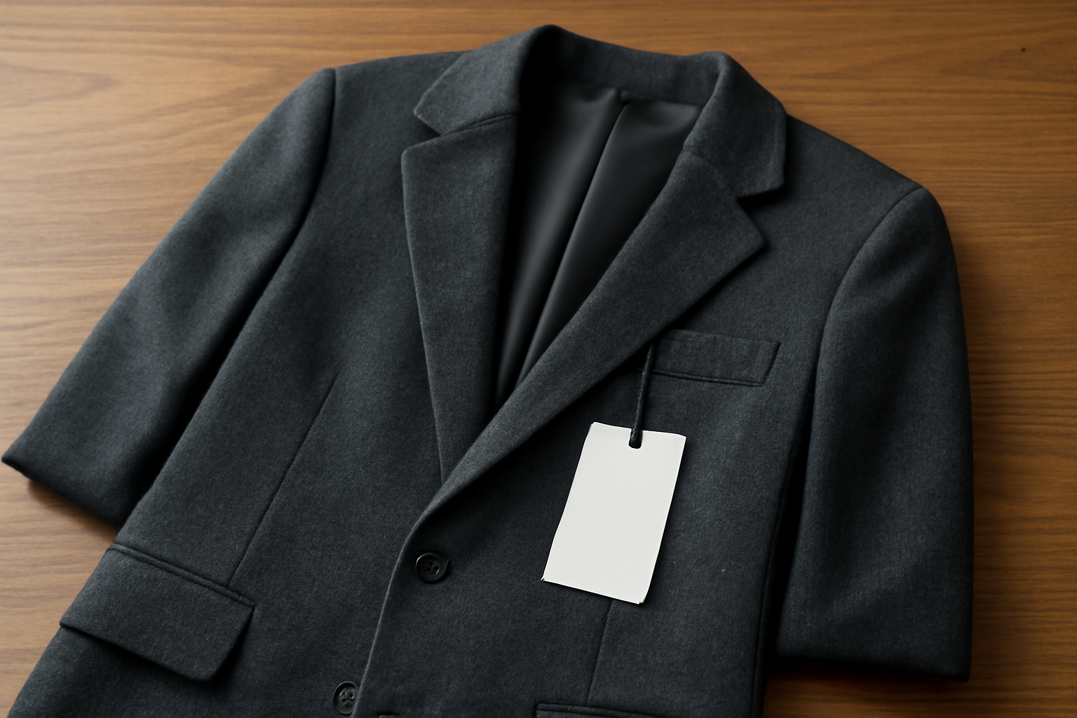 blazer posé sur table avec étiquette