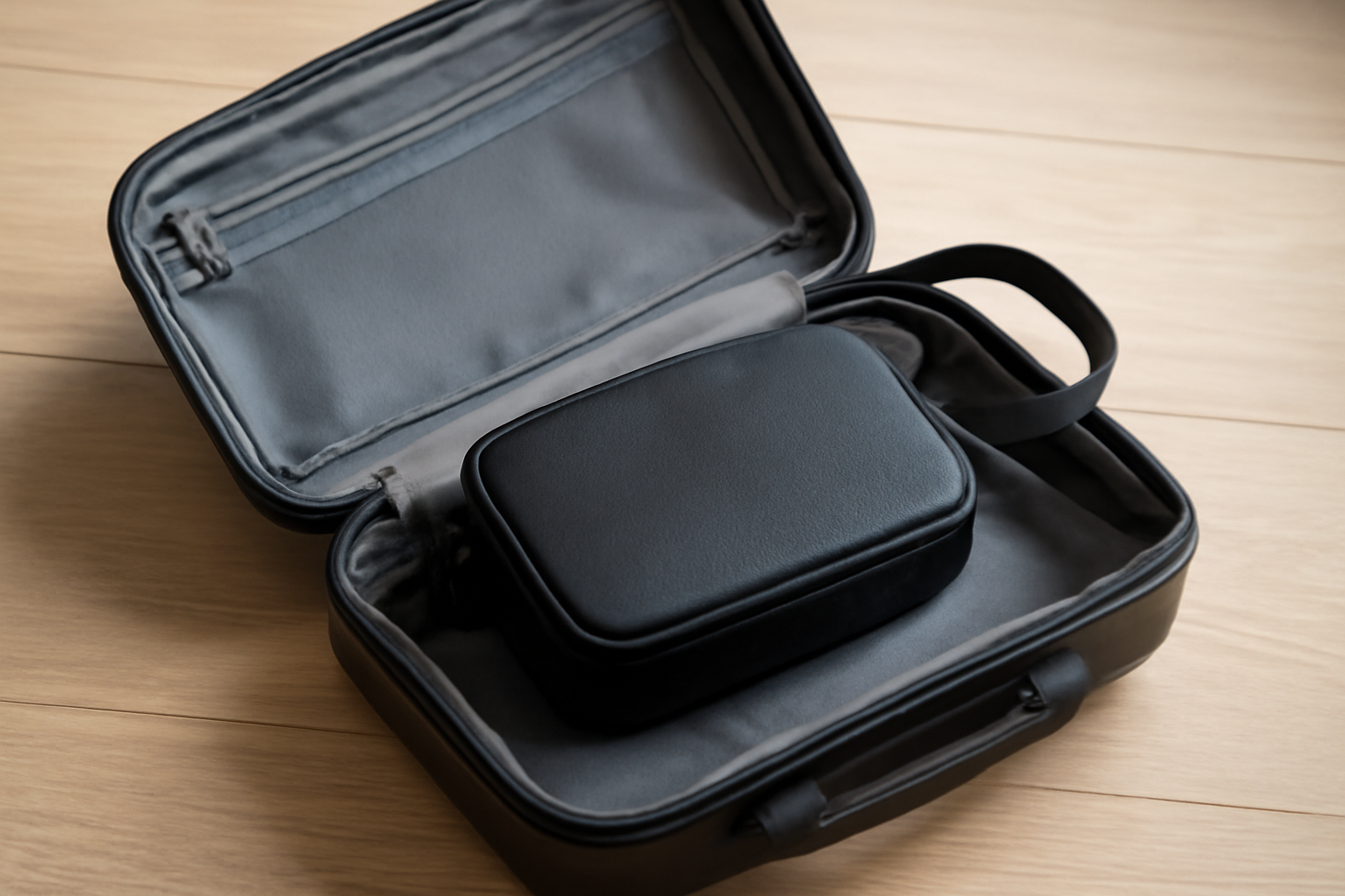 tendancemagasin-accessoires-voyage-leger petit sac compact posé sur valise cabine ouverte