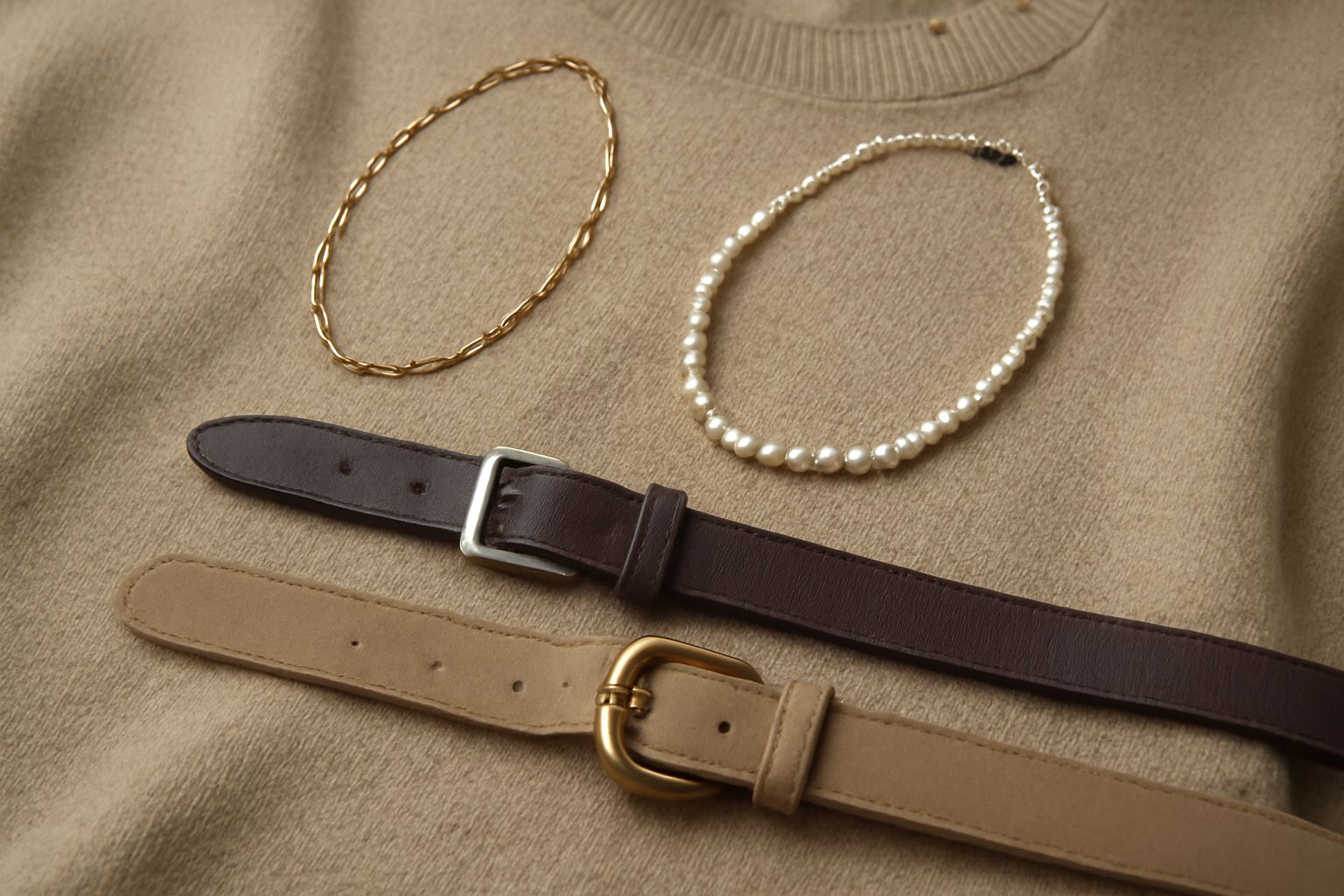 tendancemagasin-accessoiriser-look-monochrome colliers et ceintures posés sur pull monochrome