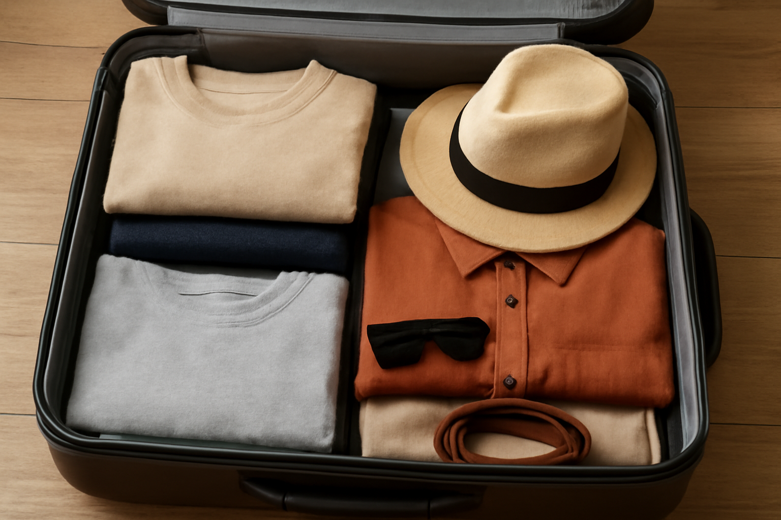 tendancemagasin-astuces-voyager-legere-style valise ouverte avec tenues pliées et accessoires