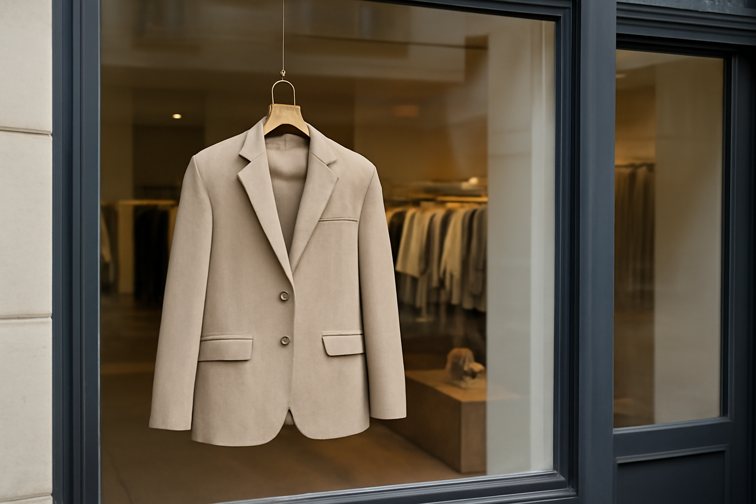 tendancemagasin-blazer-armani-investissement vitrine boutique avec blazer sur cintre