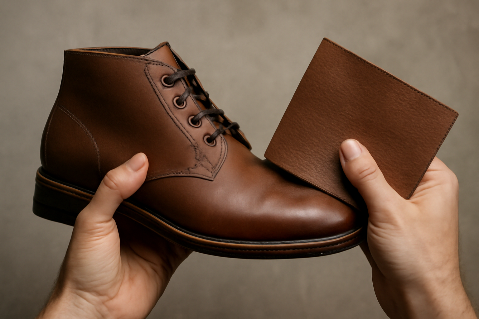 tendancemagasin-bottines-neuves-frottent mains tenant une bottine et un pan de cuir