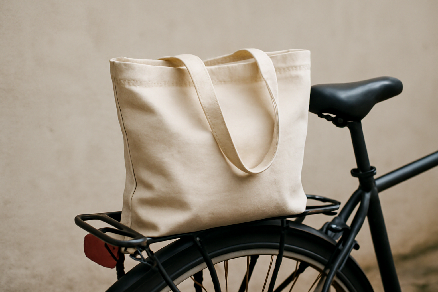tendancemagasin-cabas-courses-trajets-quotidiens cabas en toile pose sur porte-bagages de velo