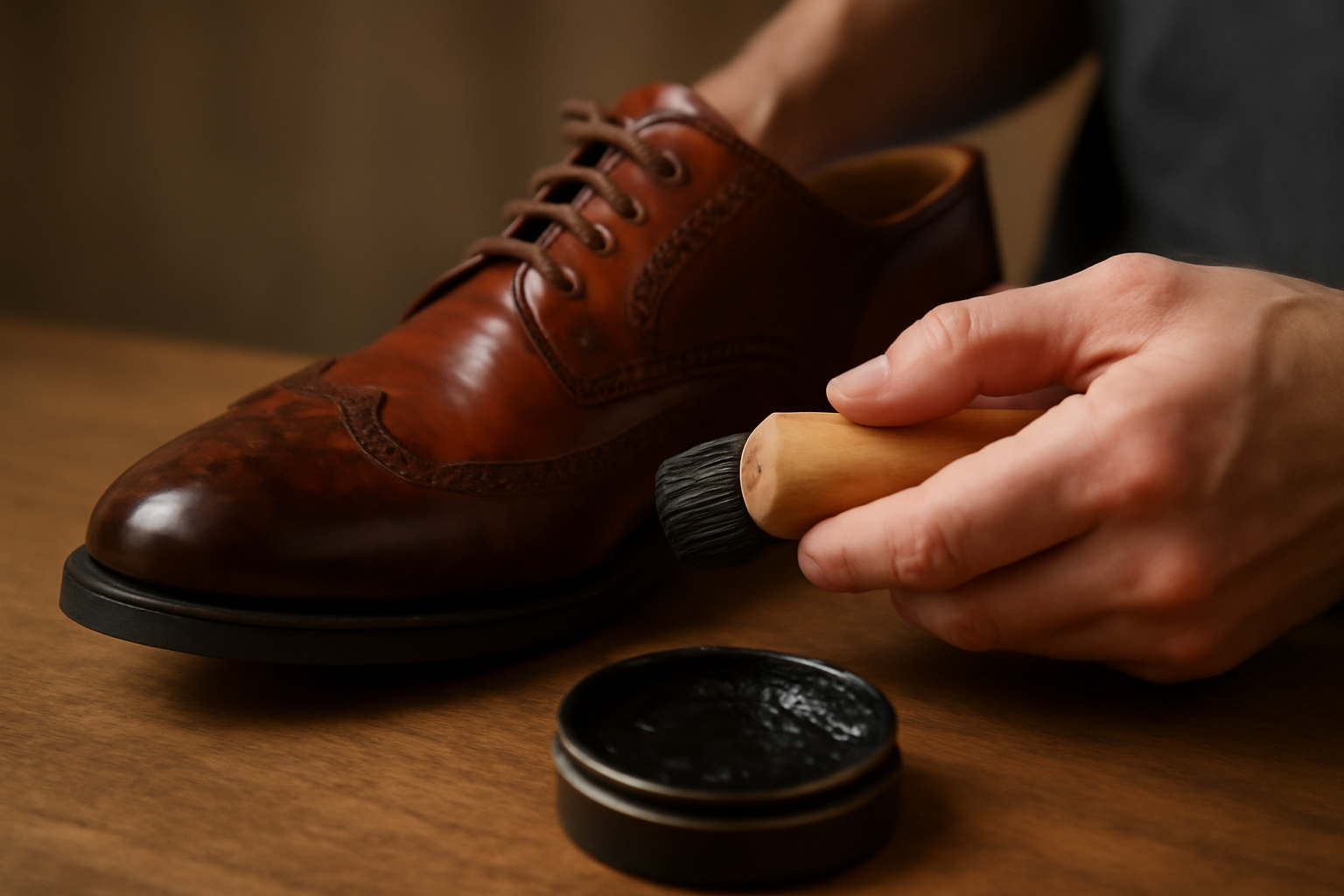 tendancemagasin-chaussures-cuir-dessechement mains appliquant cirage sur chaussure en cuir