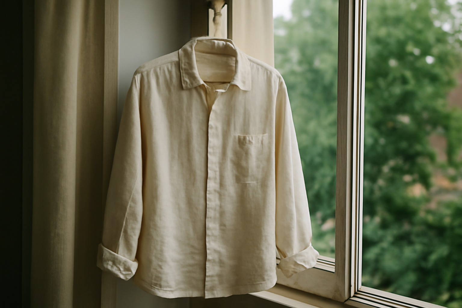 tendancemagasin-chemise-lin-viscose-ete chemise légère suspendue près d'une fenêtre ouverte
