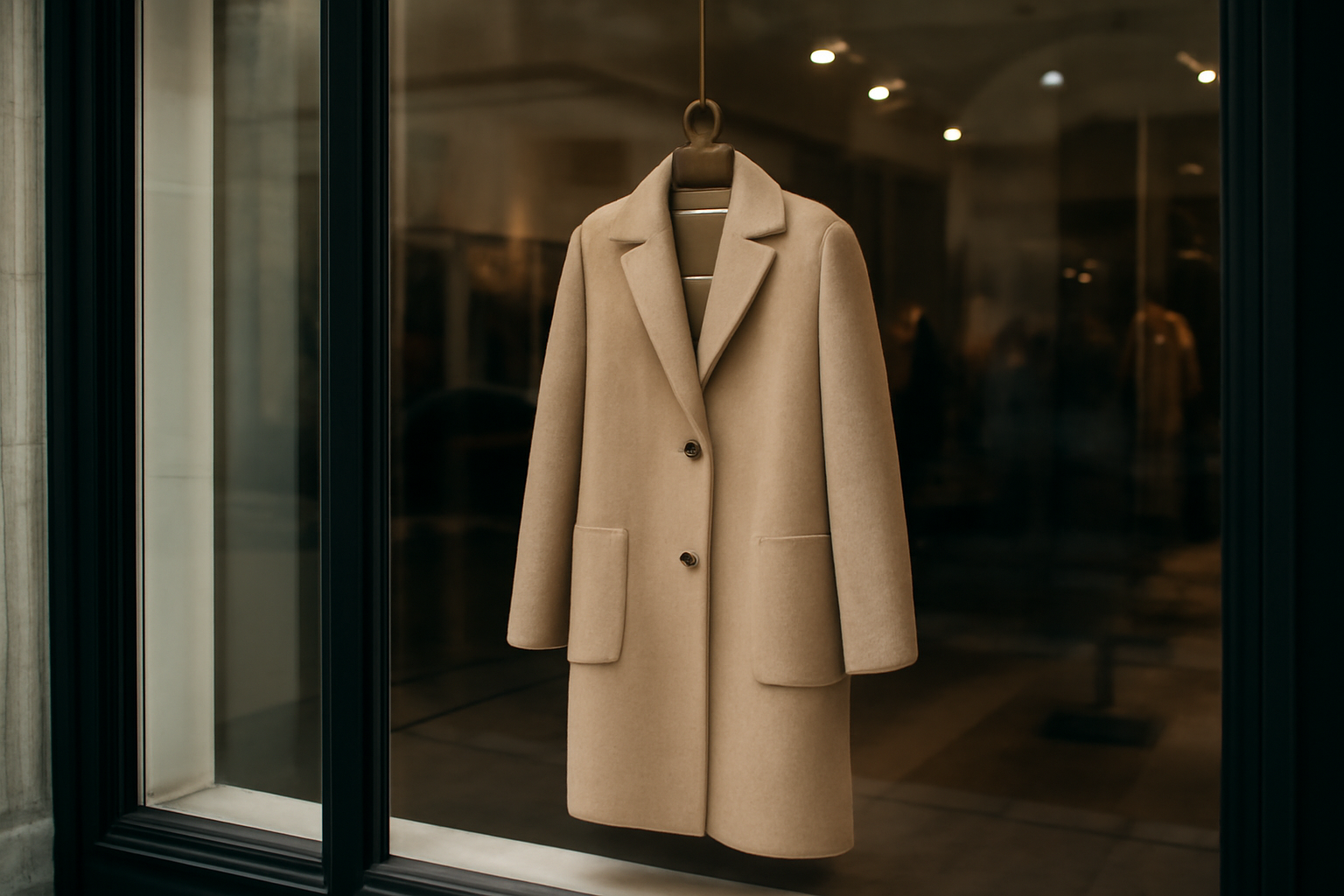 tendancemagasin-chloe-investir-piece-signature vitrine boutique avec manteau élégant suspendu