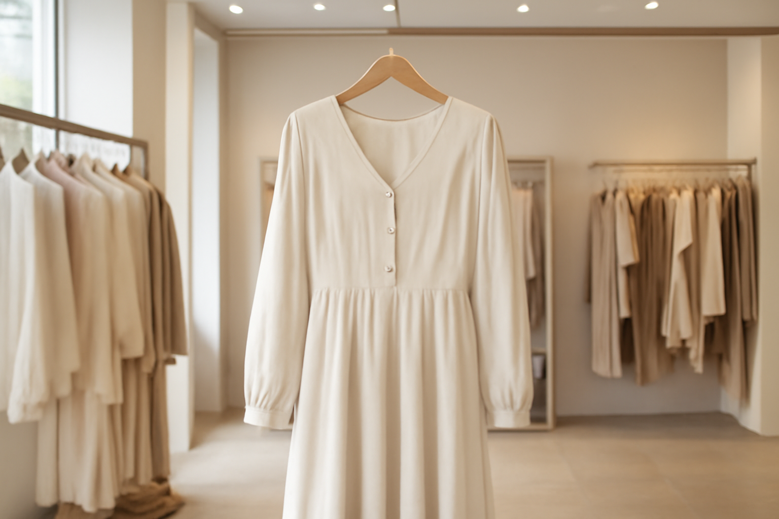 tendancemagasin-chloe-robe-investissement robe posée sur cintre dans boutique lumineuse