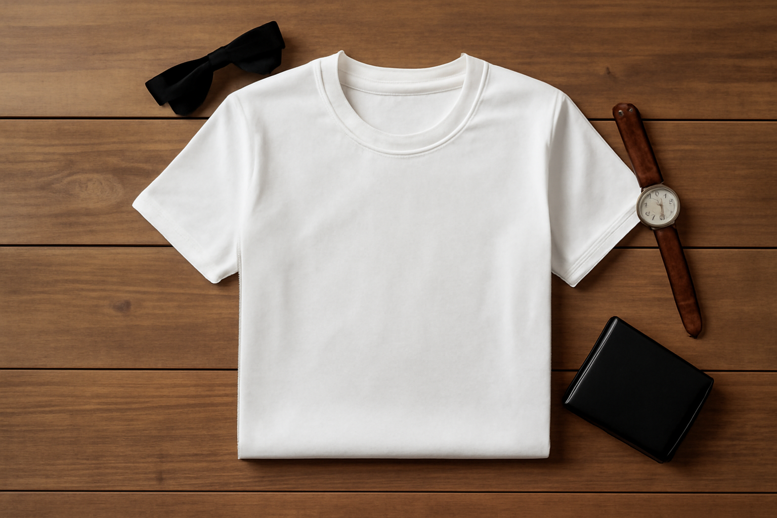 tendancemagasin-col-tshirt-polyvalent-saison t-shirt posé sur planche en bois avec accessoires