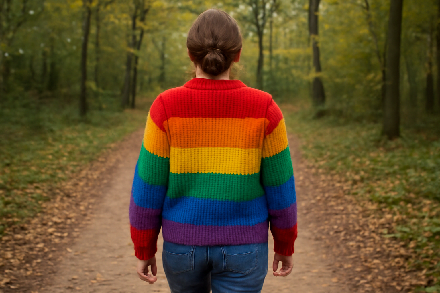 tendancemagasin-couleurs-weekend-campagne personne marchant dans un chemin avec pull coloré