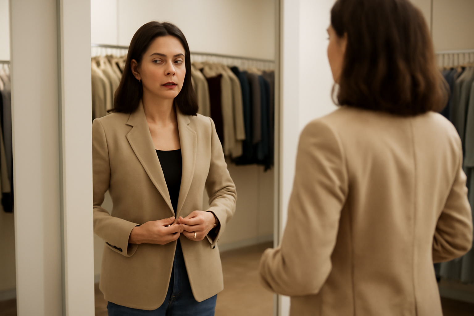 tendancemagasin-coupe-blazer-rendez-vous personne essayant blazer devant miroir boutique