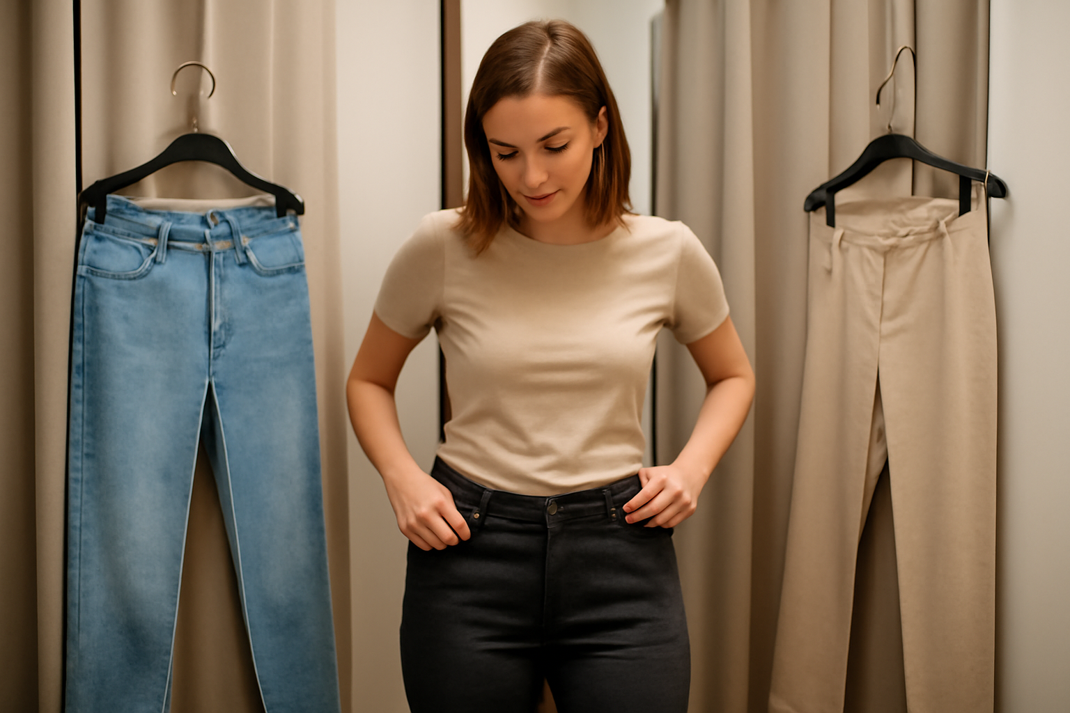 tendancemagasin-coupe-pantalon-taille-petite femme essayant différents pantalons en cabine