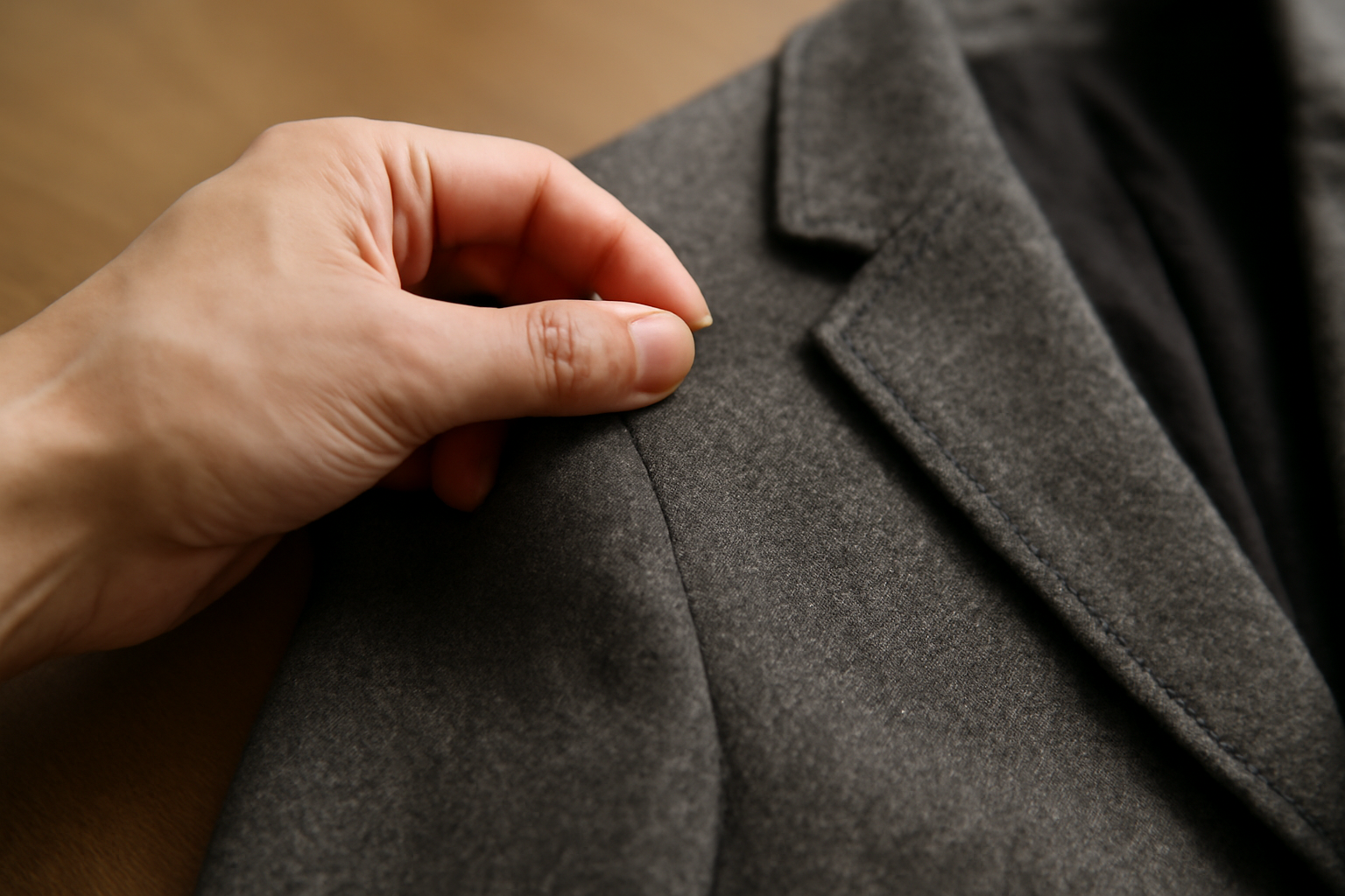 tendancemagasin-coutures-epaules-vestes main vérifiant couture d'épaule sur une veste posée