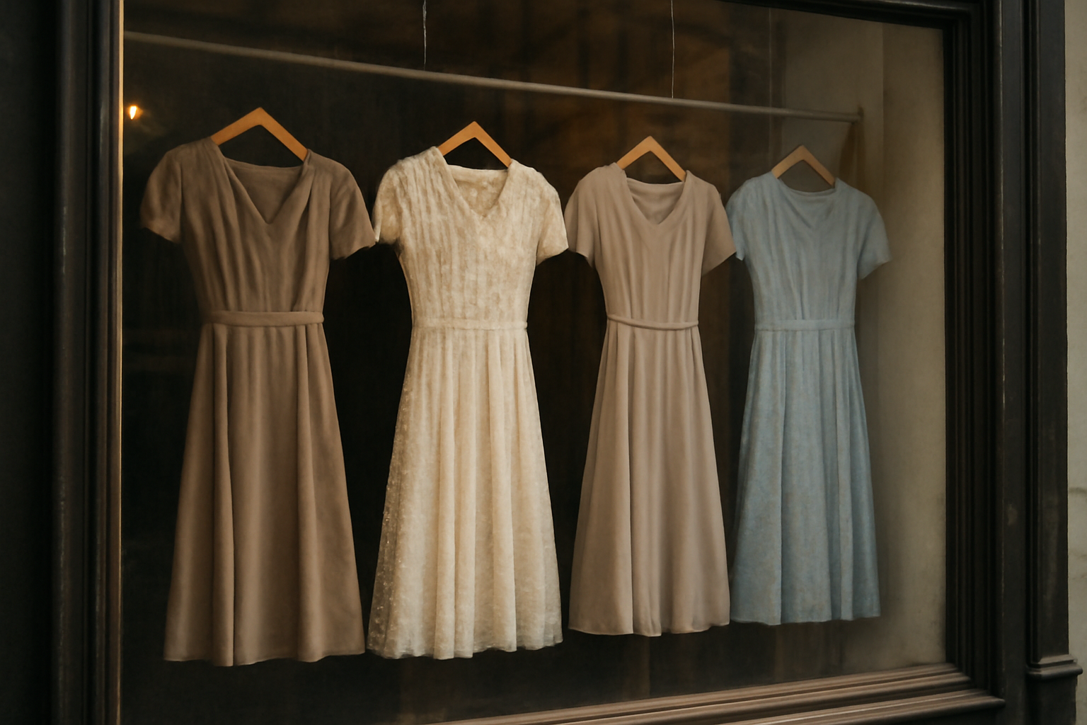 tendancemagasin-criteres-achat-piece-vintage vitrine vintage avec robes suspendues en rang