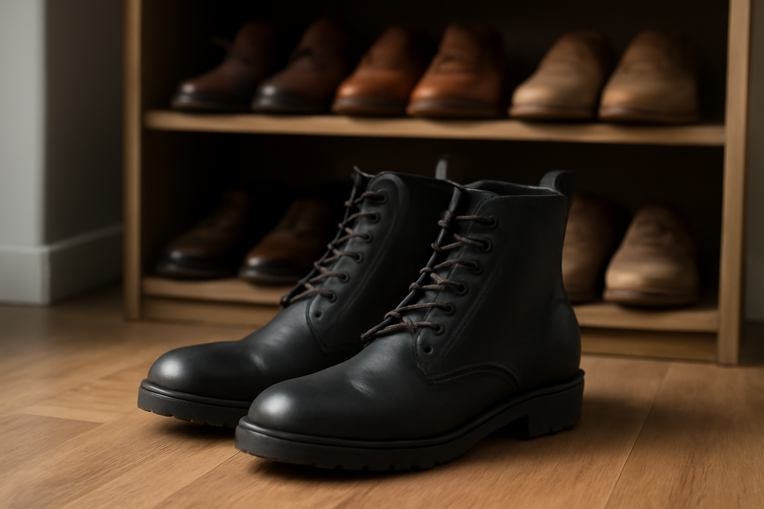 bottes posées près d'une étagère de chaussures