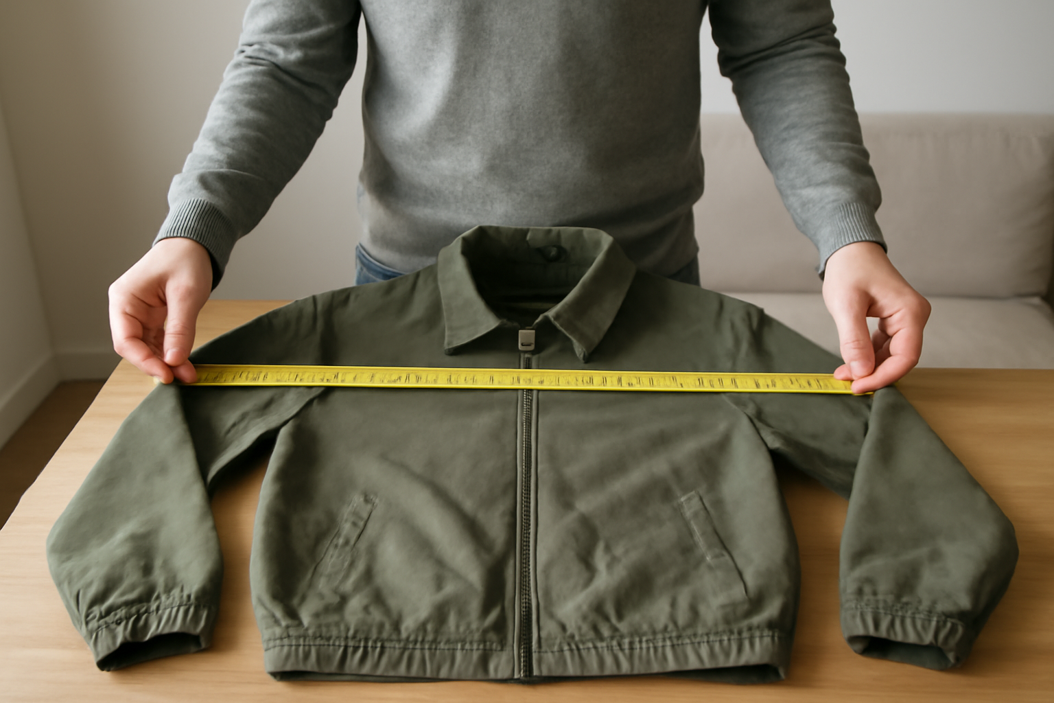 tendancemagasin-determiner-taille-veste-en-ligne personne mesurant la largeur d'une veste à la maison