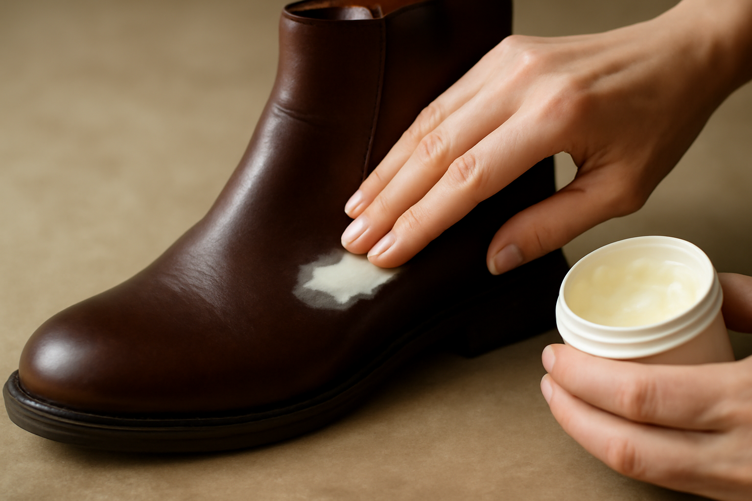 tendancemagasin-entretien-bottines-cuir mains appliquant creme sur une bottine en cuir