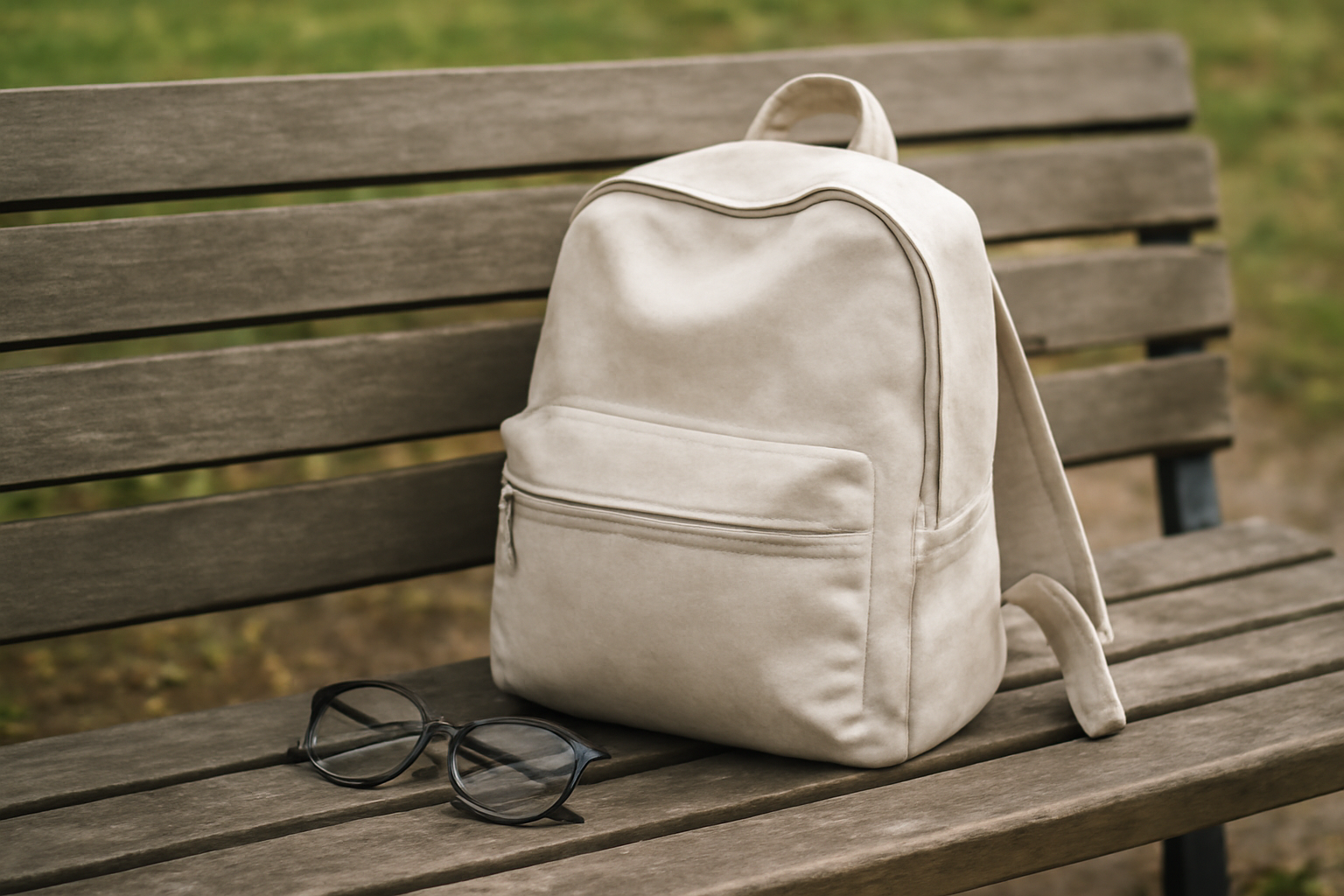 tendancemagasin-essentiels-balade-urbaine sac léger et lunettes posés sur banc