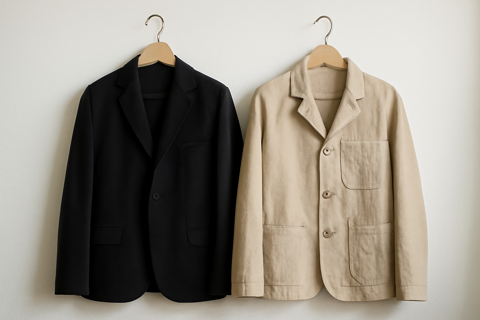 deux vestes contrastées suspendues cote a cote