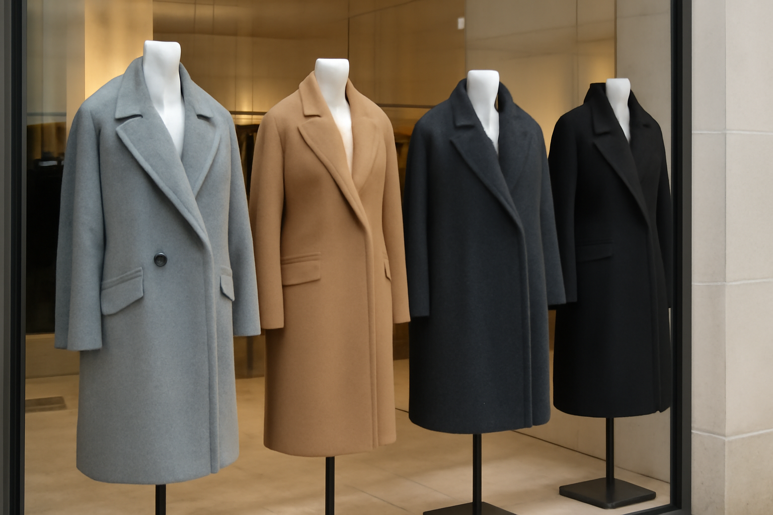 tendancemagasin-gmbh-pieces-creatives vitrine avec manteaux aux coupes audacieuses