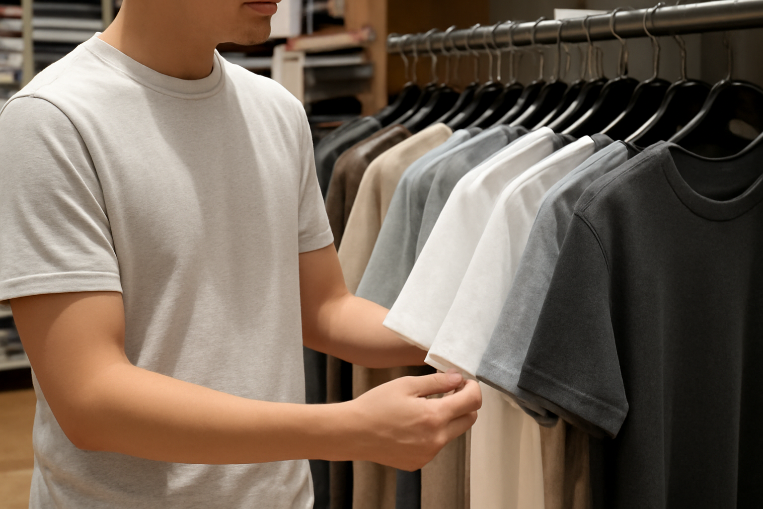 tendancemagasin-hm-decathlon-basiques personne choisissant t-shirt basique en rayon