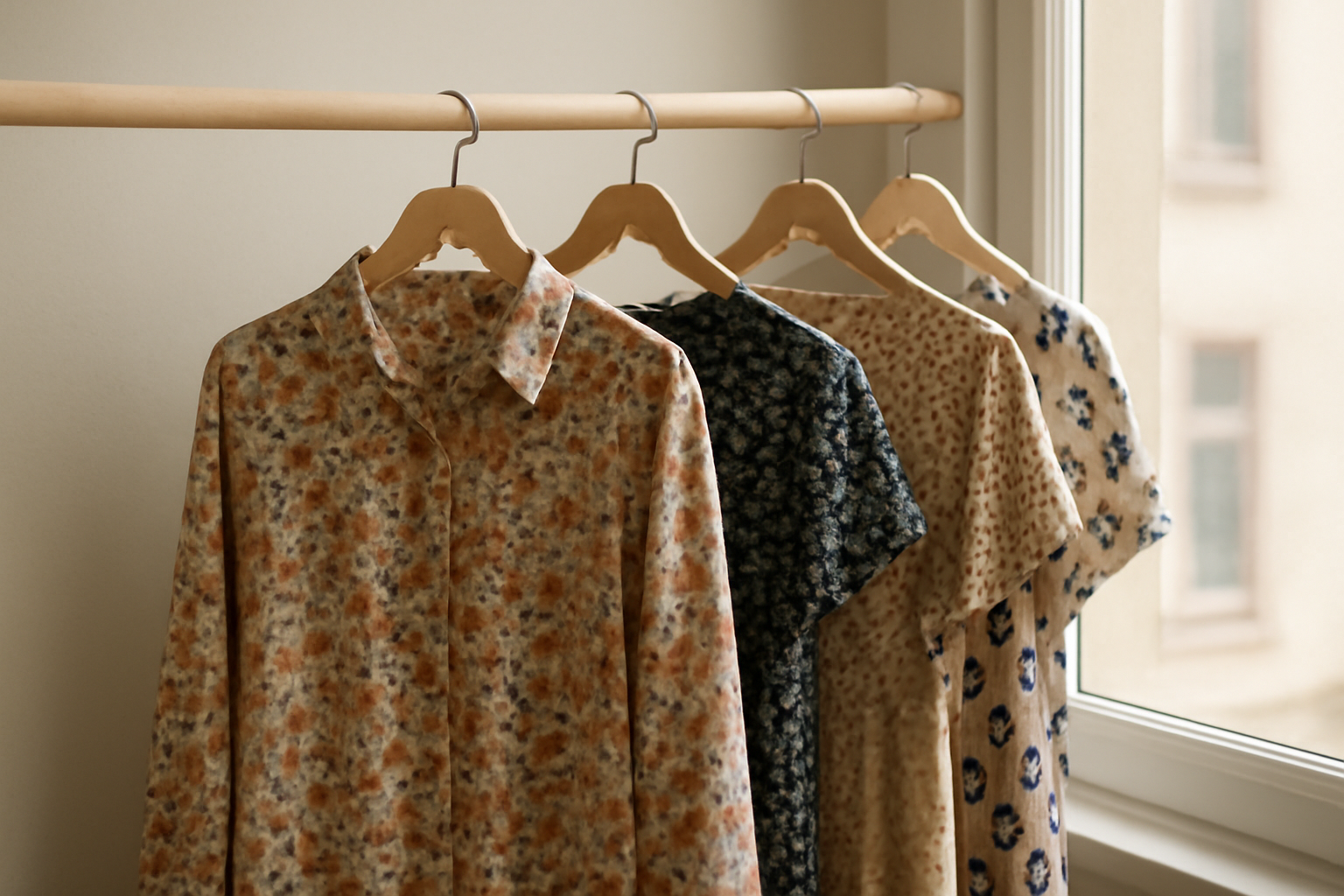 tendancemagasin-imprimes-demode-rapidement vêtements imprimés accrochés près d'une fenêtre