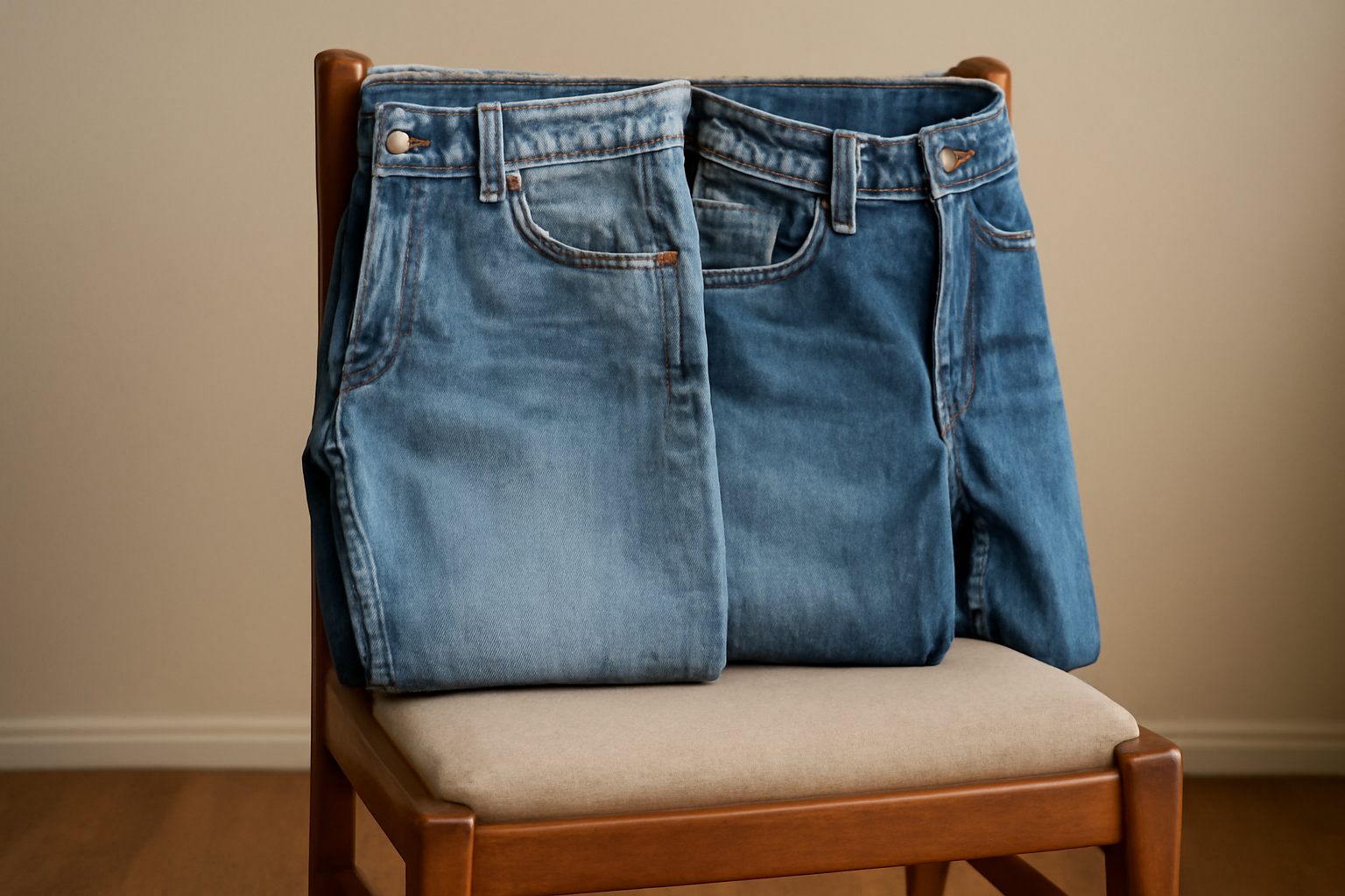 tendancemagasin-jean-brut-ou-delave-choisir deux jeans posés côte à côte sur chaise