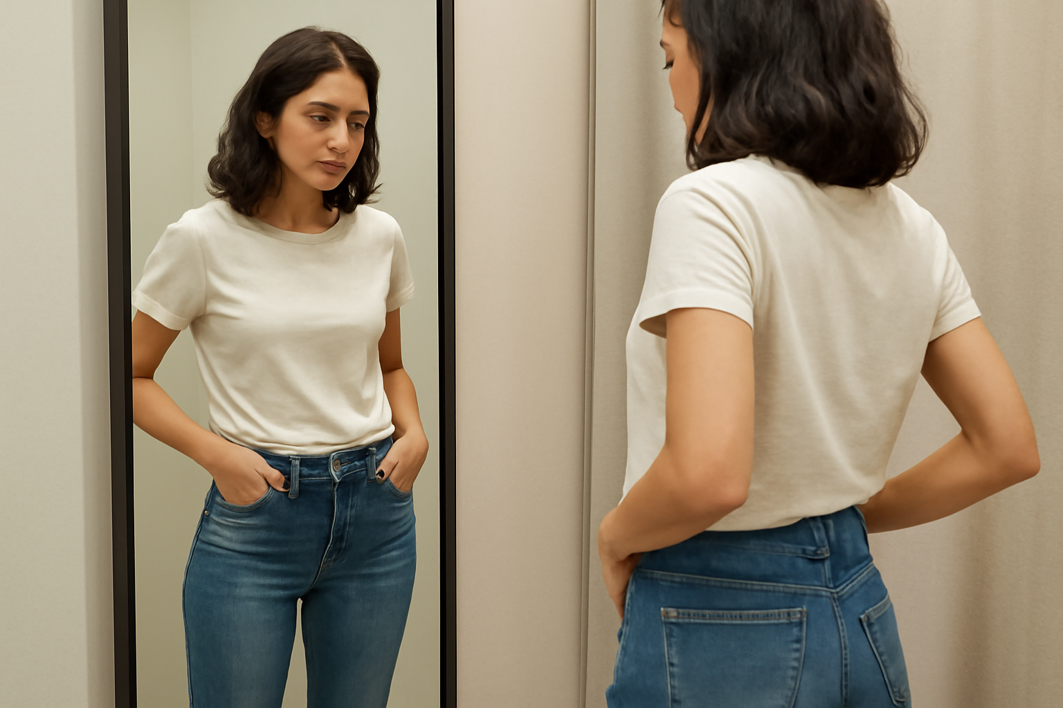 tendancemagasin-jean-silhouette-droite personne essayant un jean devant un miroir