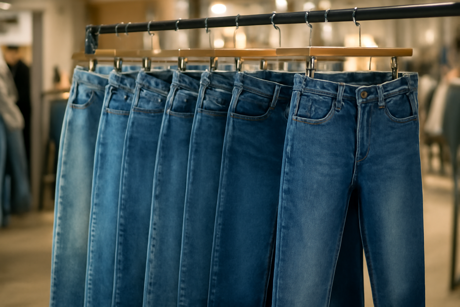 jeans suspendus sur un portant en magasin