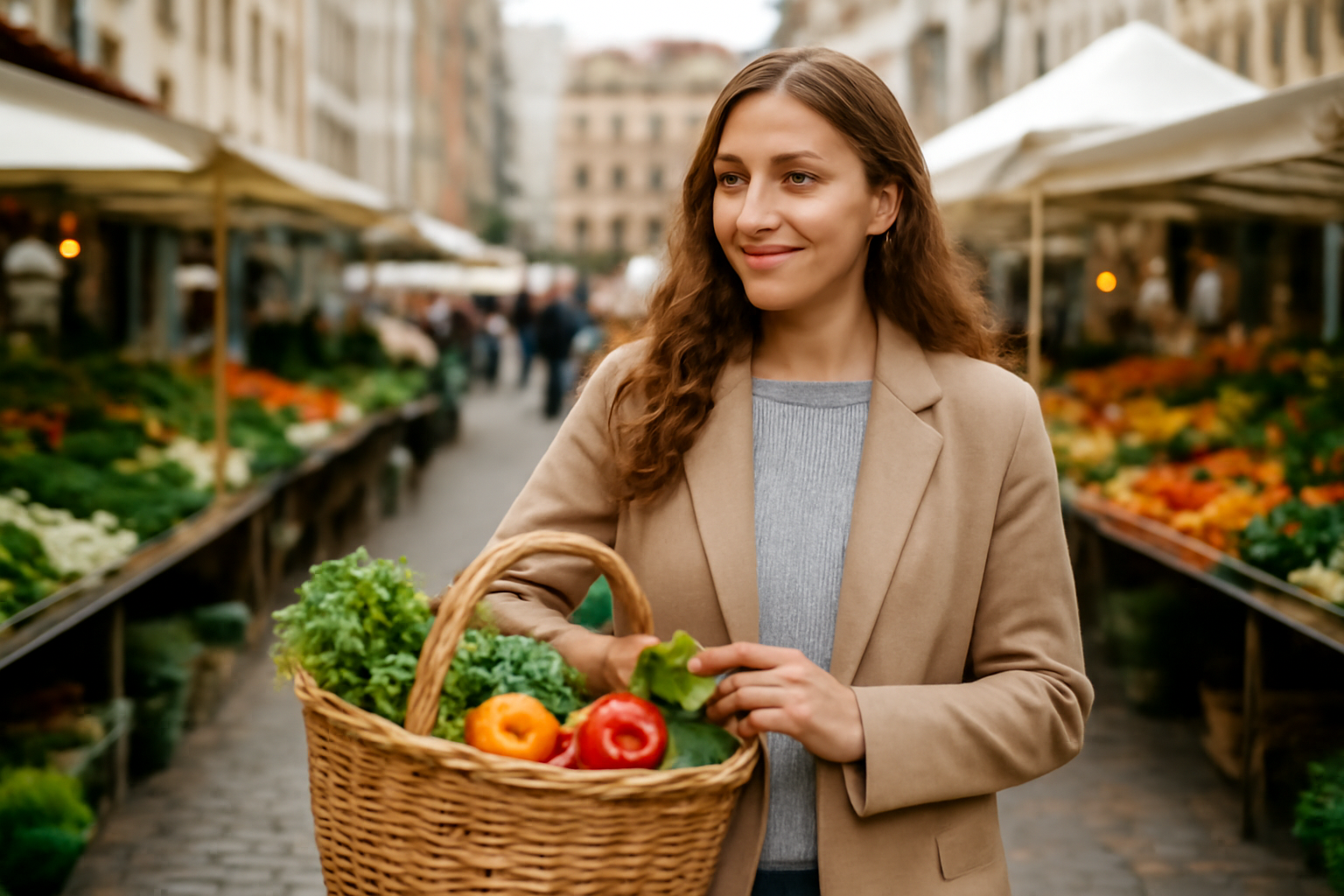tendancemagasin-look-marche-dimanche femme avec panier au marché en ville